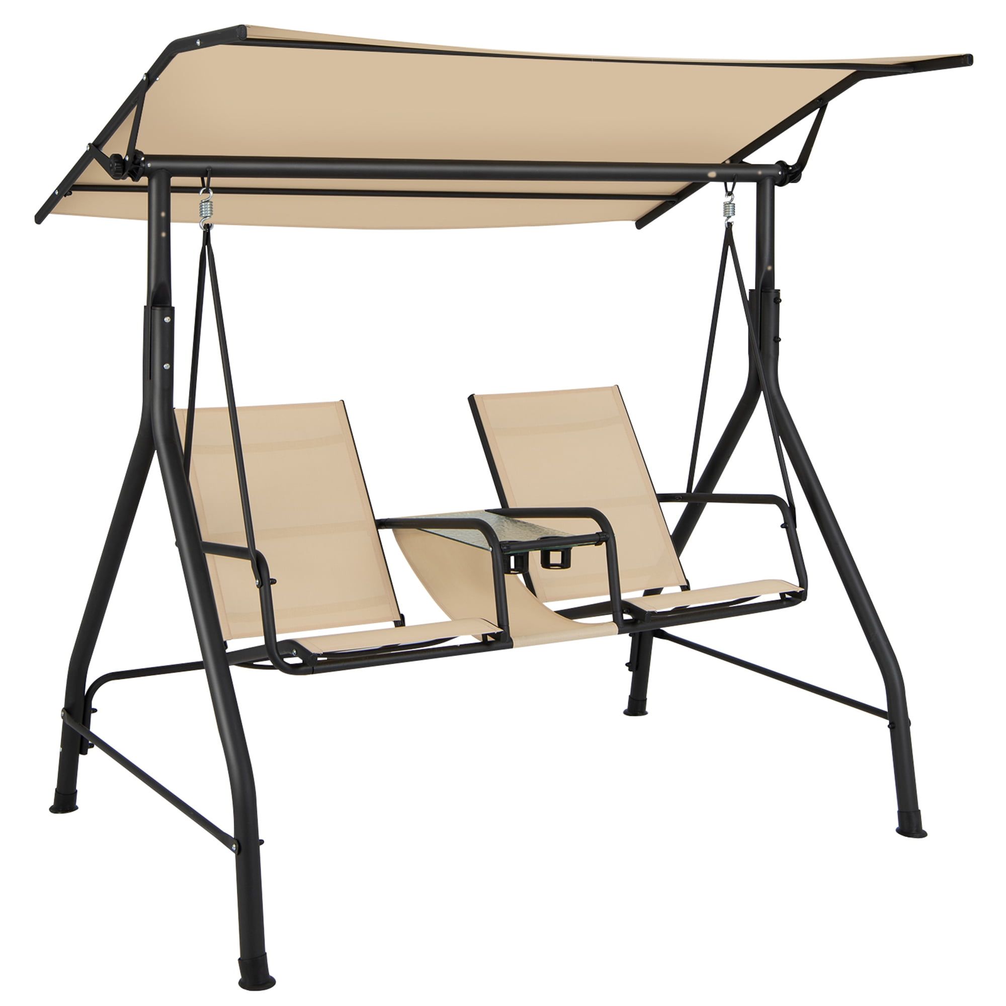 Beige 2-Person Outdoor Swing with Adjustable Canopy and Glass Table