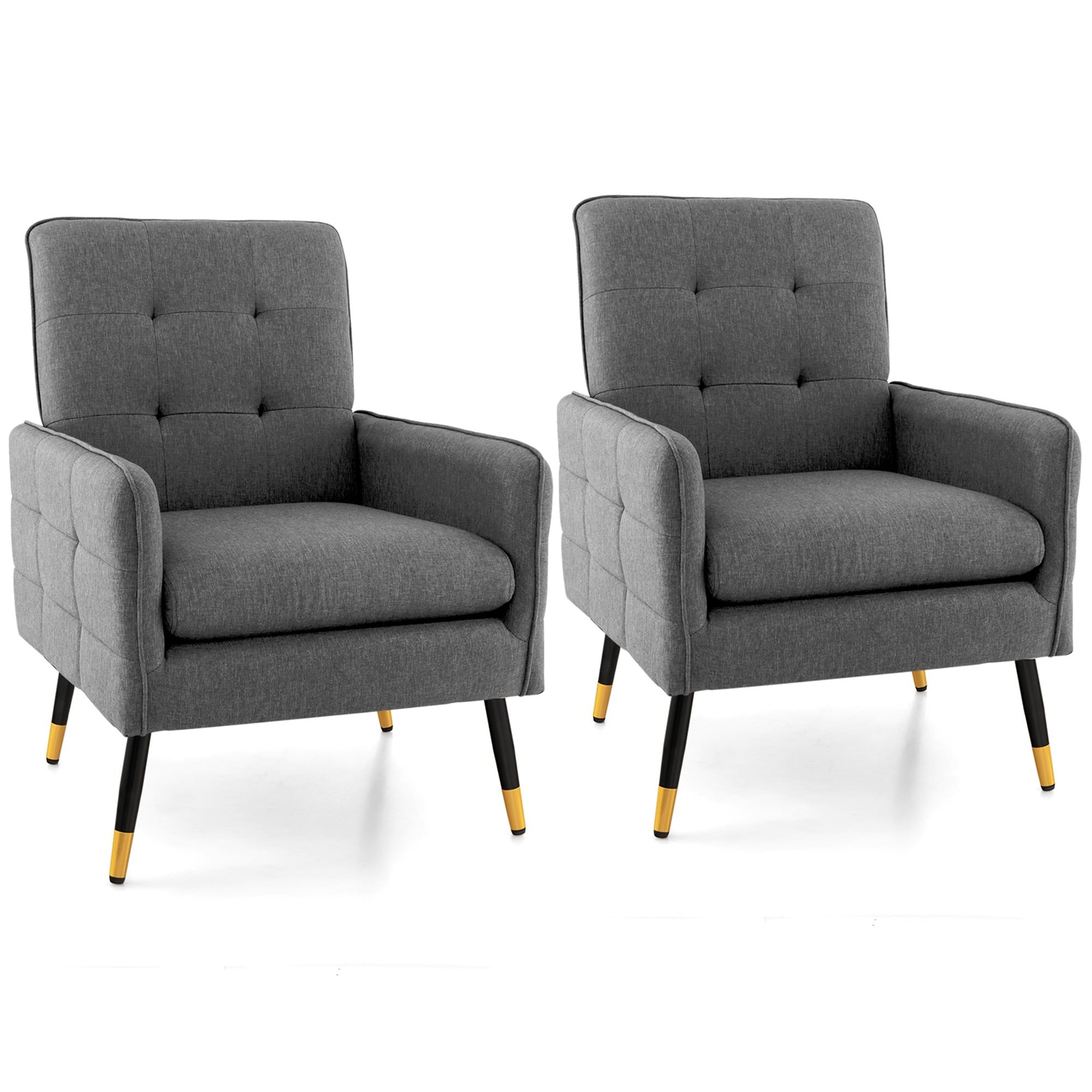 Gray Linen Upholstered Accent Chair with Metal Legs, Set of 2