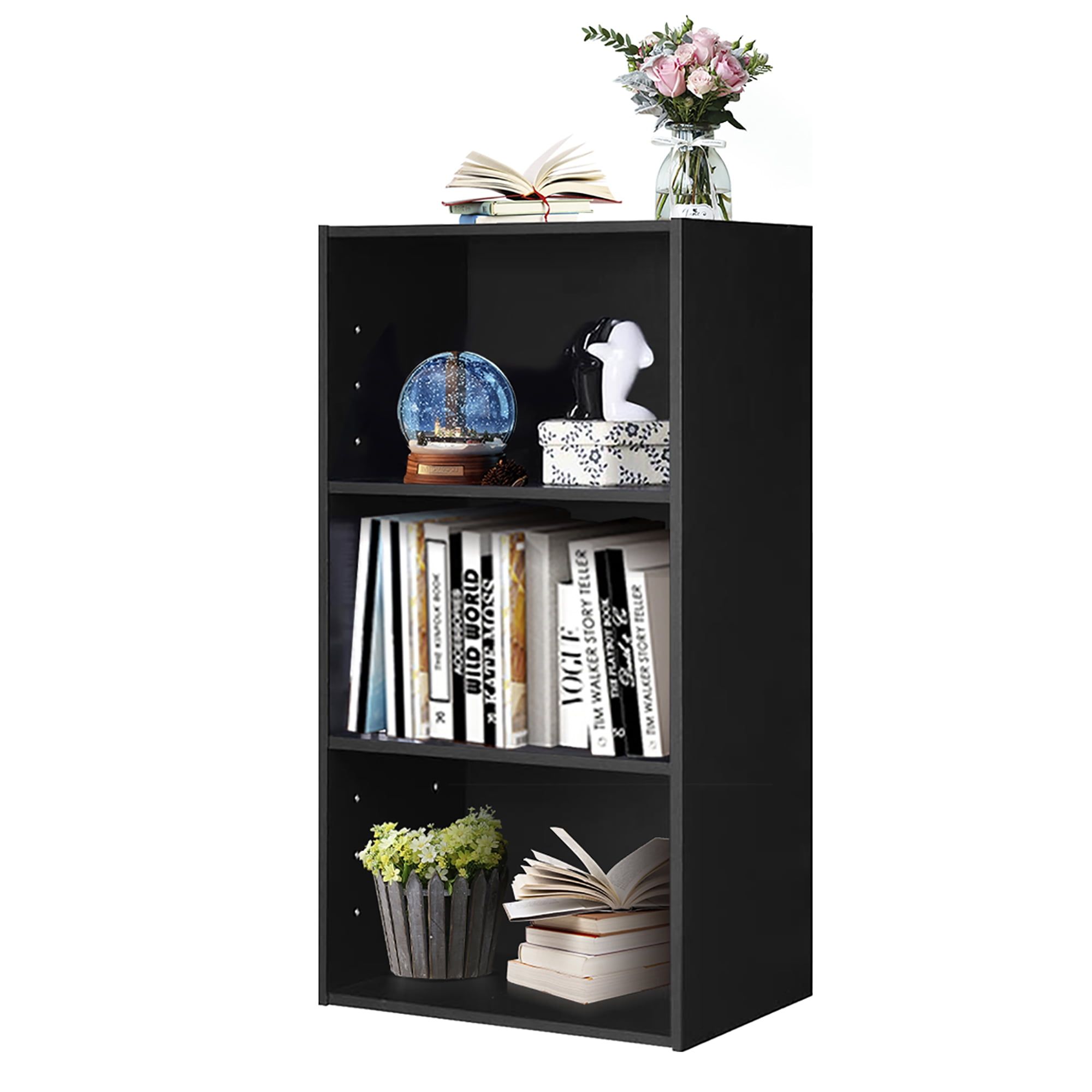 Black MDF Adjustable 3-Tier Storage Shelf Bookcase