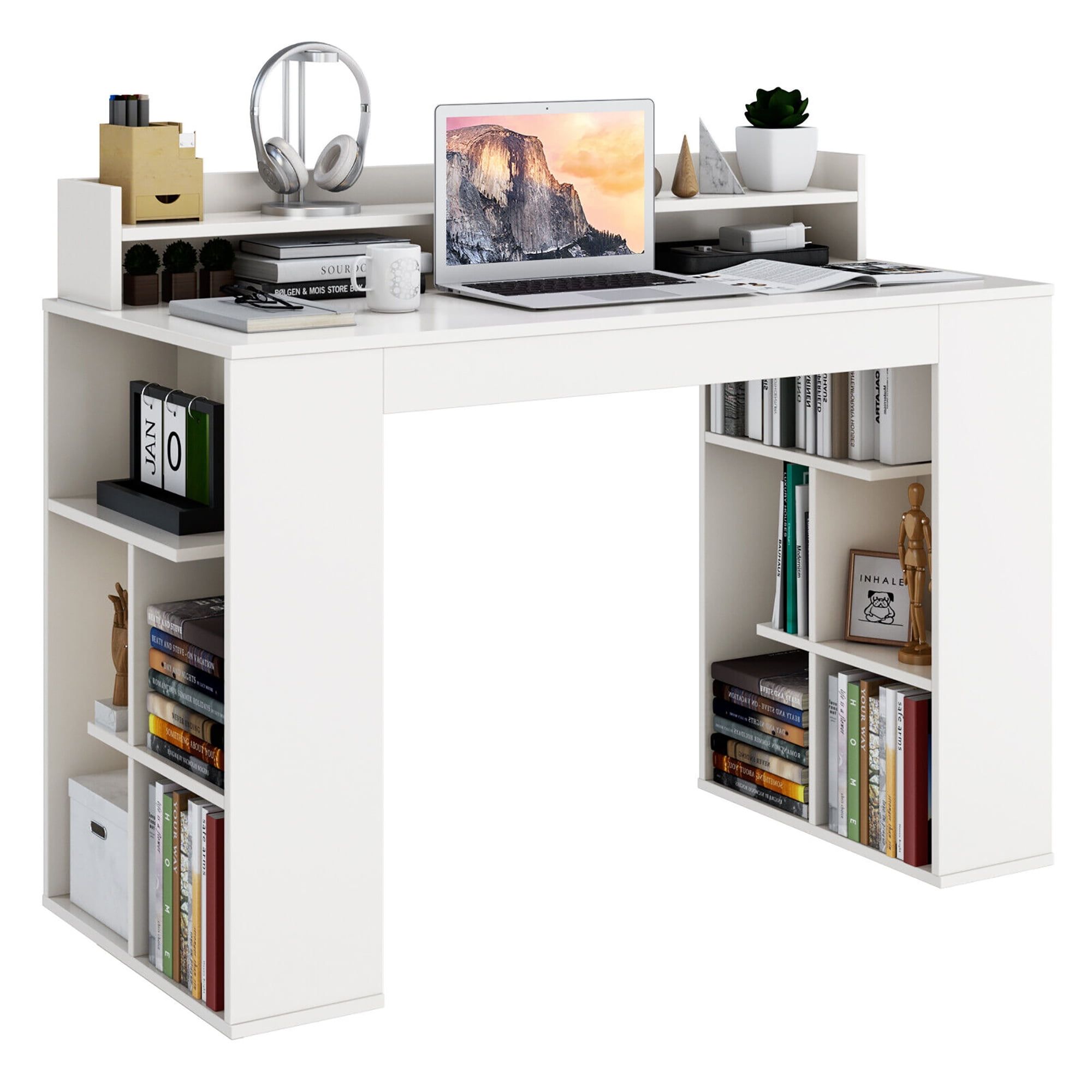 White MDF Executive Desk with Bookshelves and Monitor Stand