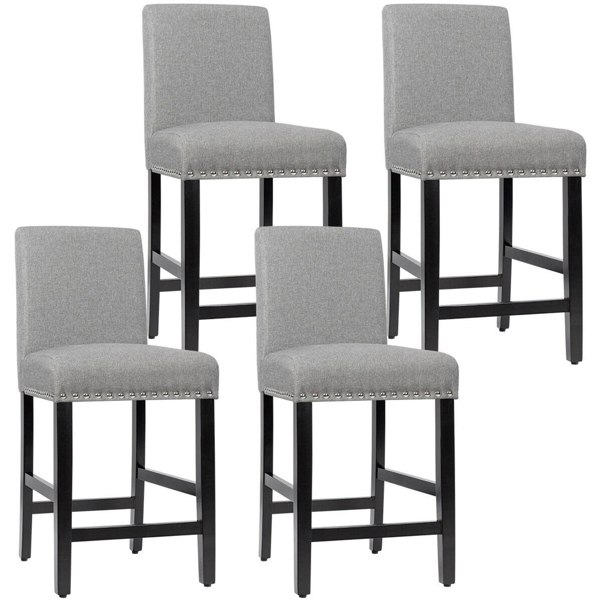 Set of 4 Gray Upholstered Counter Stools with Wood Legs