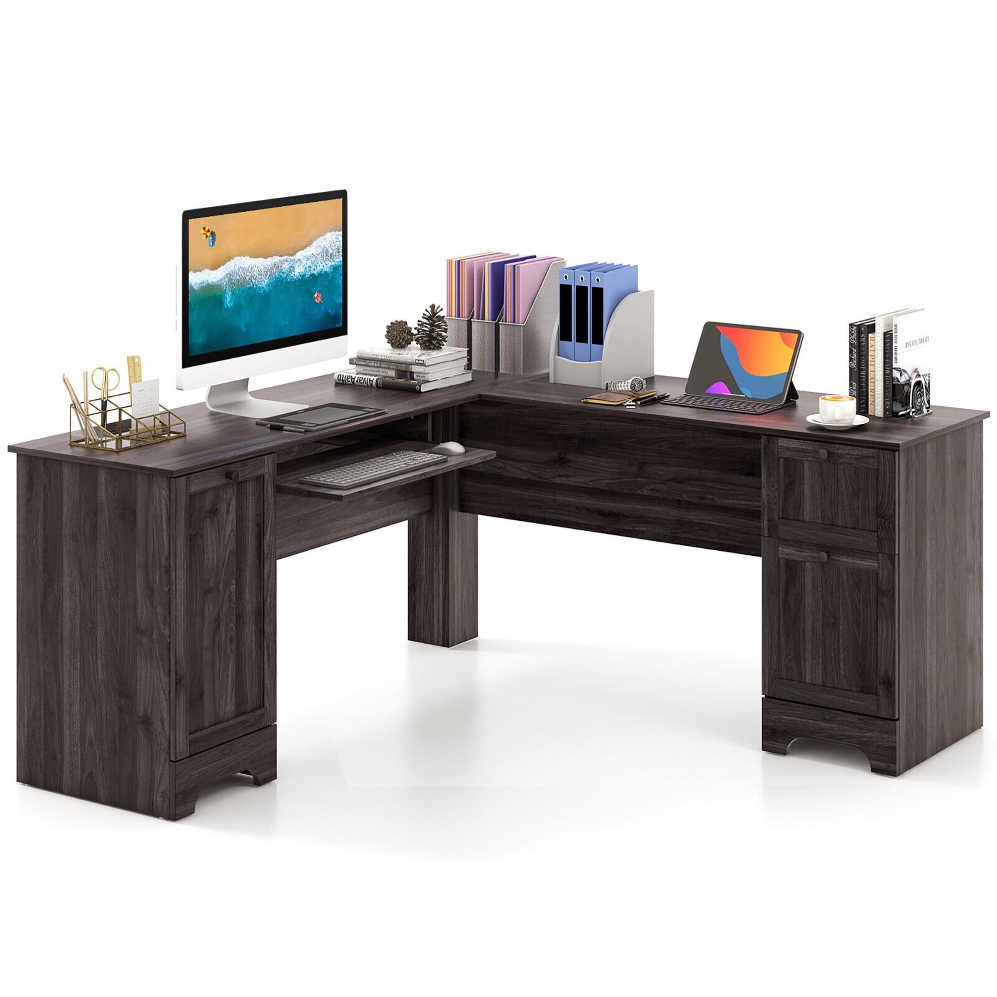 Dark Brown L-Shaped Corner Computer Desk with Drawers and Keyboard Tray