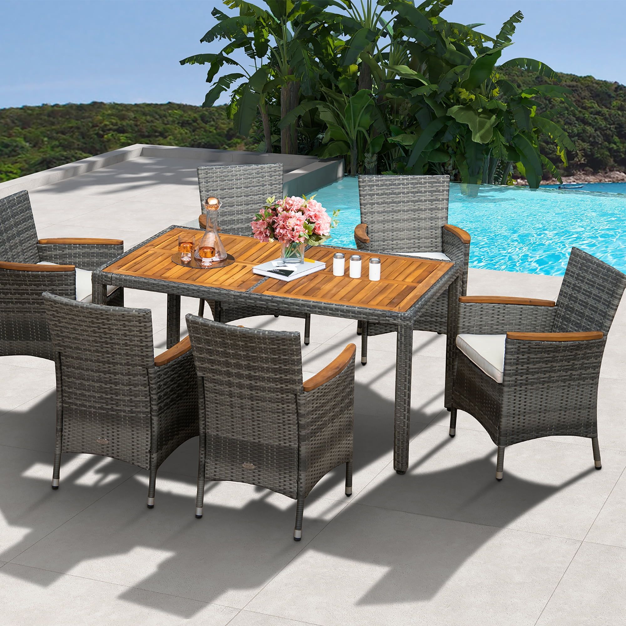 6-Person Gray Rattan and Acacia Wood Outdoor Dining Set