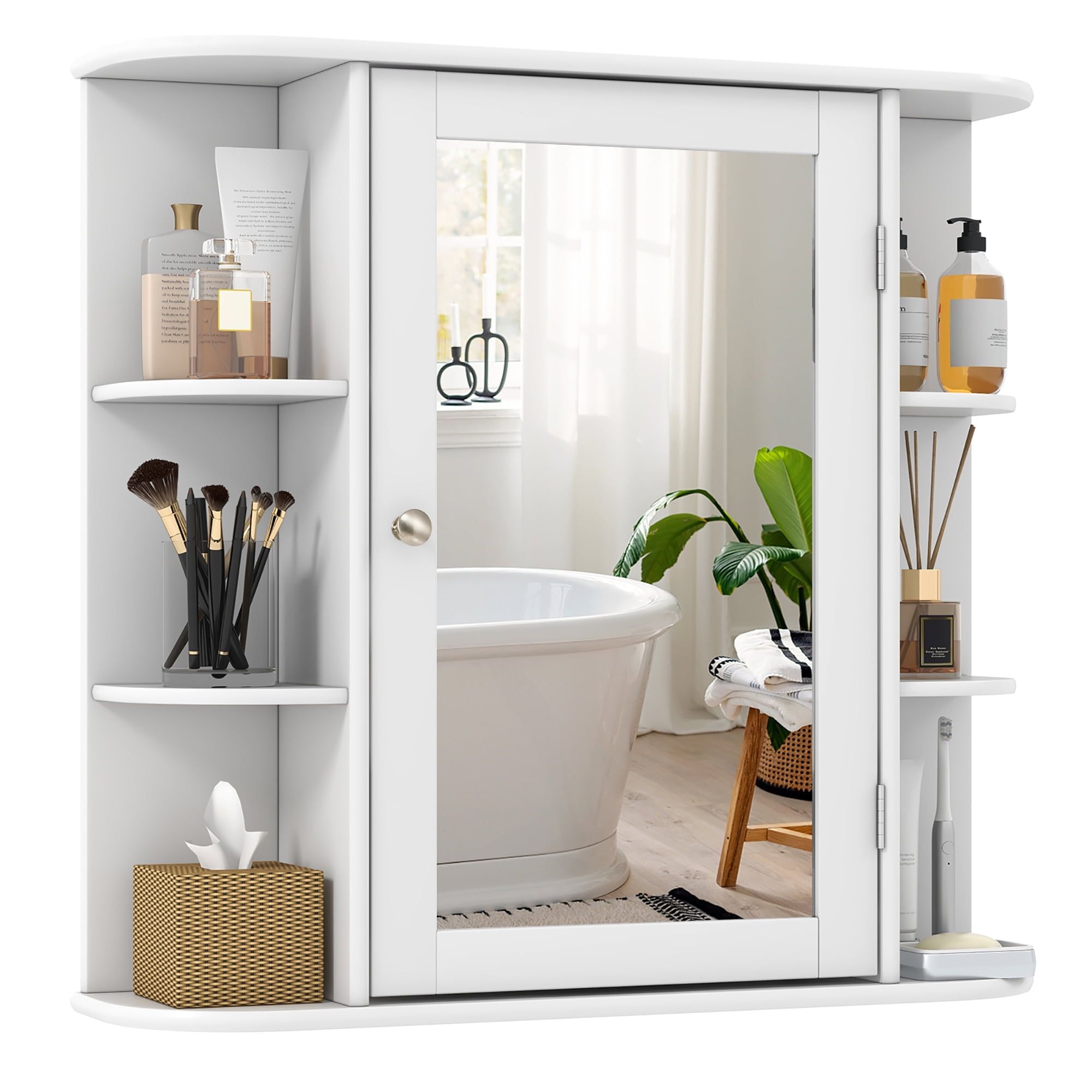 White MDF Wall Mounted Bathroom Cabinet with Mirror and Shelves