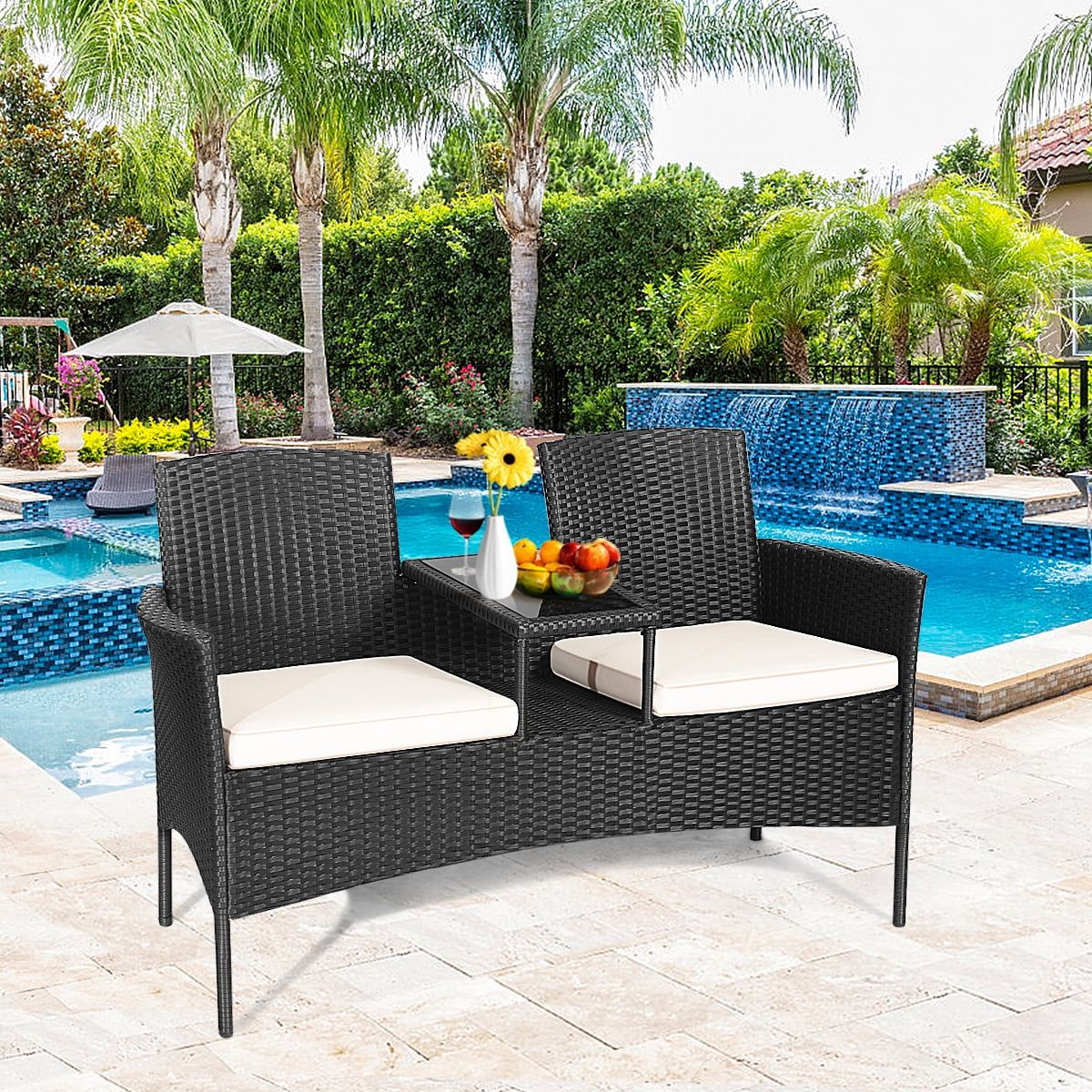 Black Rattan Outdoor Loveseat with Cushions and Glass Table