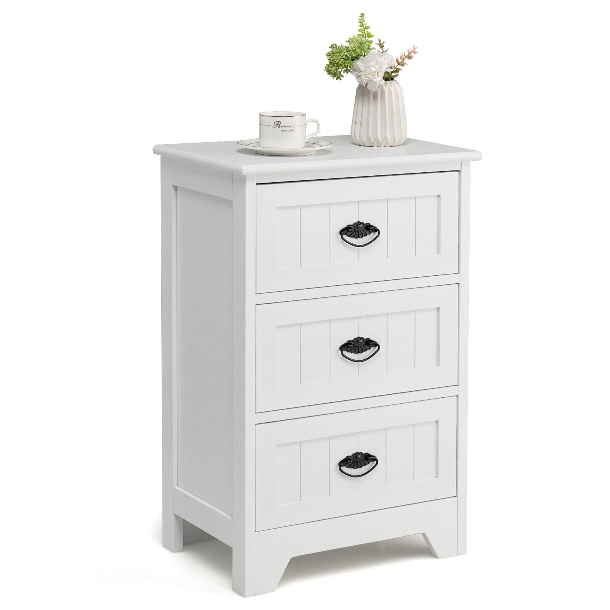 Elegant White 3-Drawer Nightstand with Vintage Metal Handles