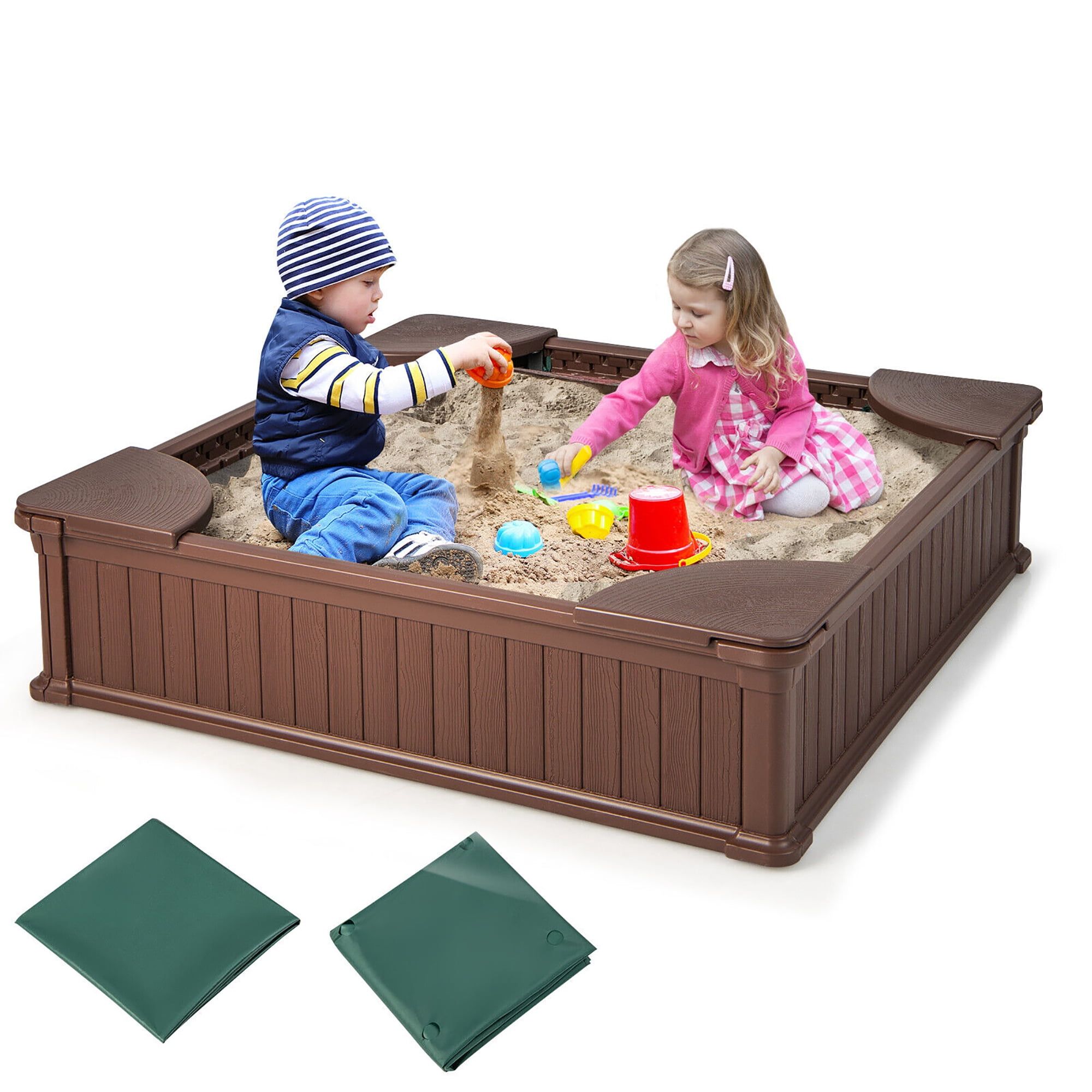 Brown HDPE Kids Outdoor Sandbox with Oxford Cover