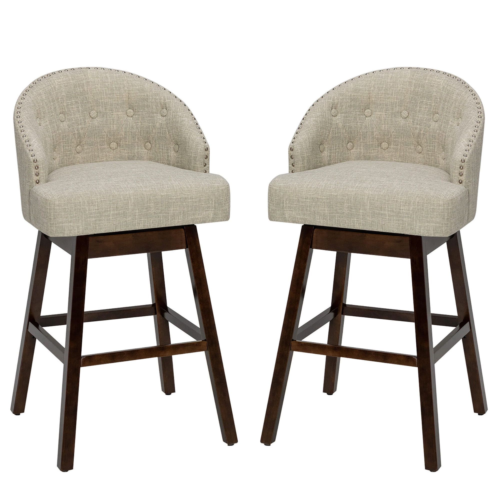 Beige Swivel Bar Stools with Rubber Wood Legs and Tufted Back, Set of 2