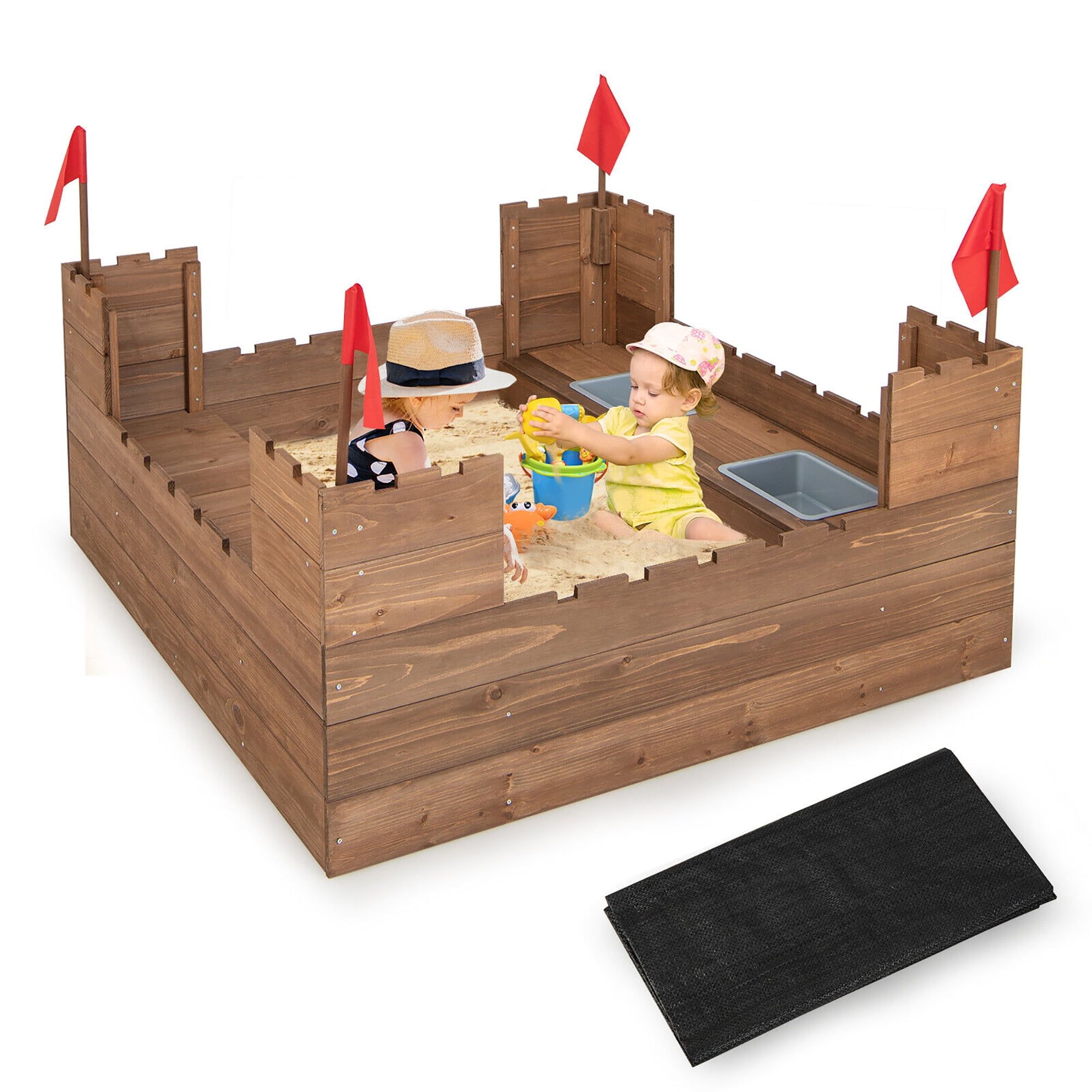 Castle-Themed Solid Wood Sandbox with Benches and Flags