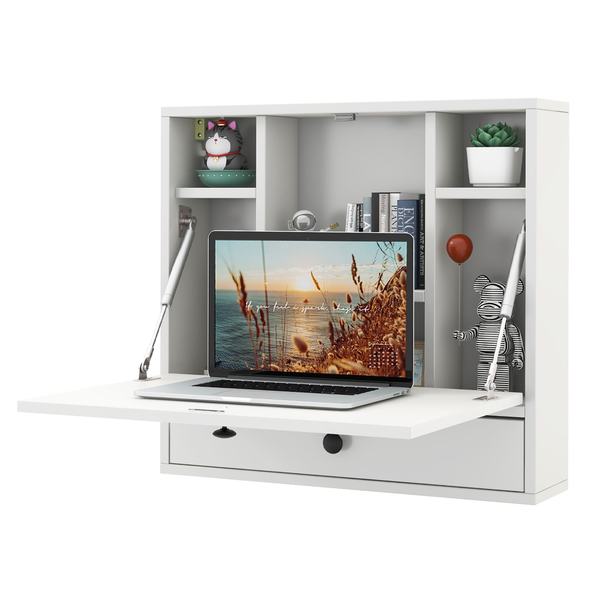 White Foldable Wall-Mounted Writing Desk with Drawer and Shelves