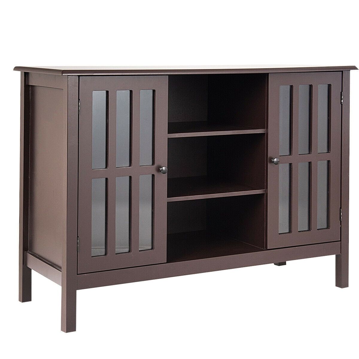 Elegant Tall Brown TV Console with Cabinet Storage and Shelves