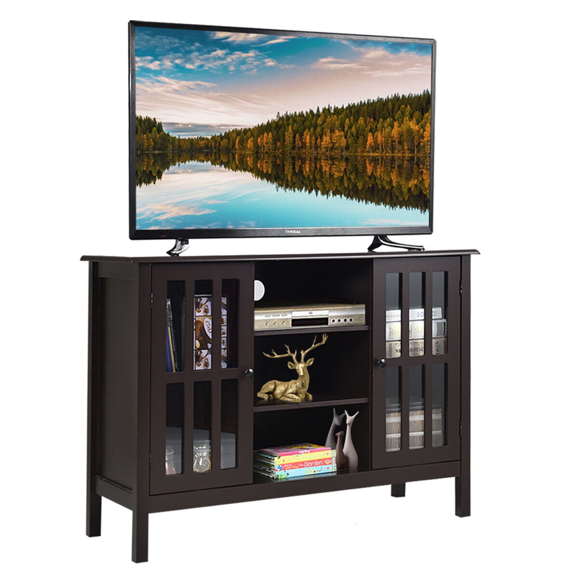 Elegant Tall Brown TV Console with Cabinet Storage and Shelves