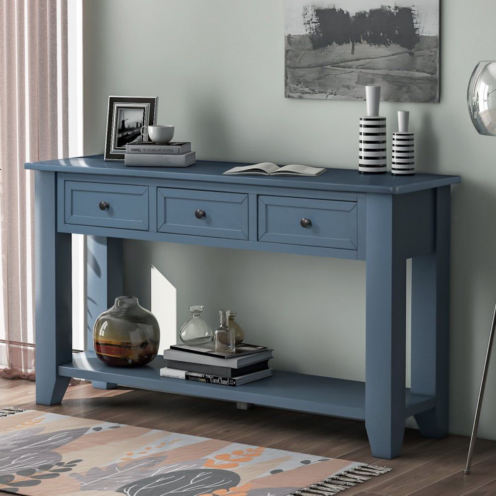 Blue Pine Wood Console Table with Storage Drawers and Shelf