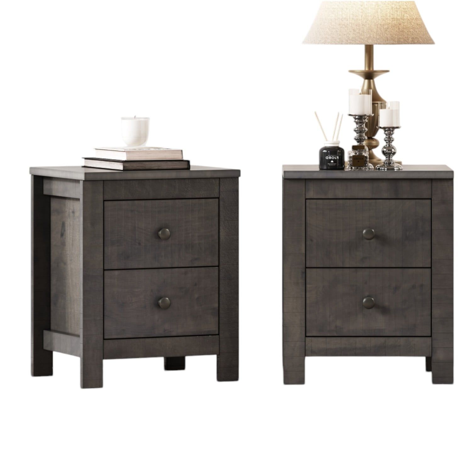 Antique Gray Farmhouse Wooden 2-Drawer Nightstand Set