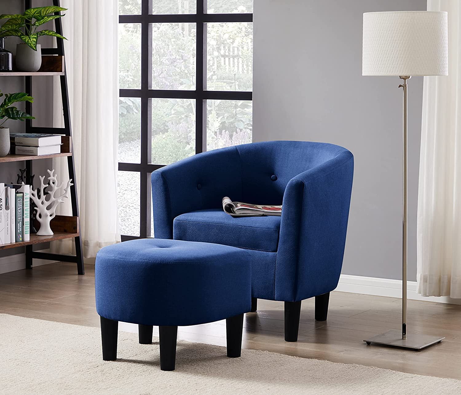 Blue Polyester Blend Barrel Chair with Ottoman and Wood Frame