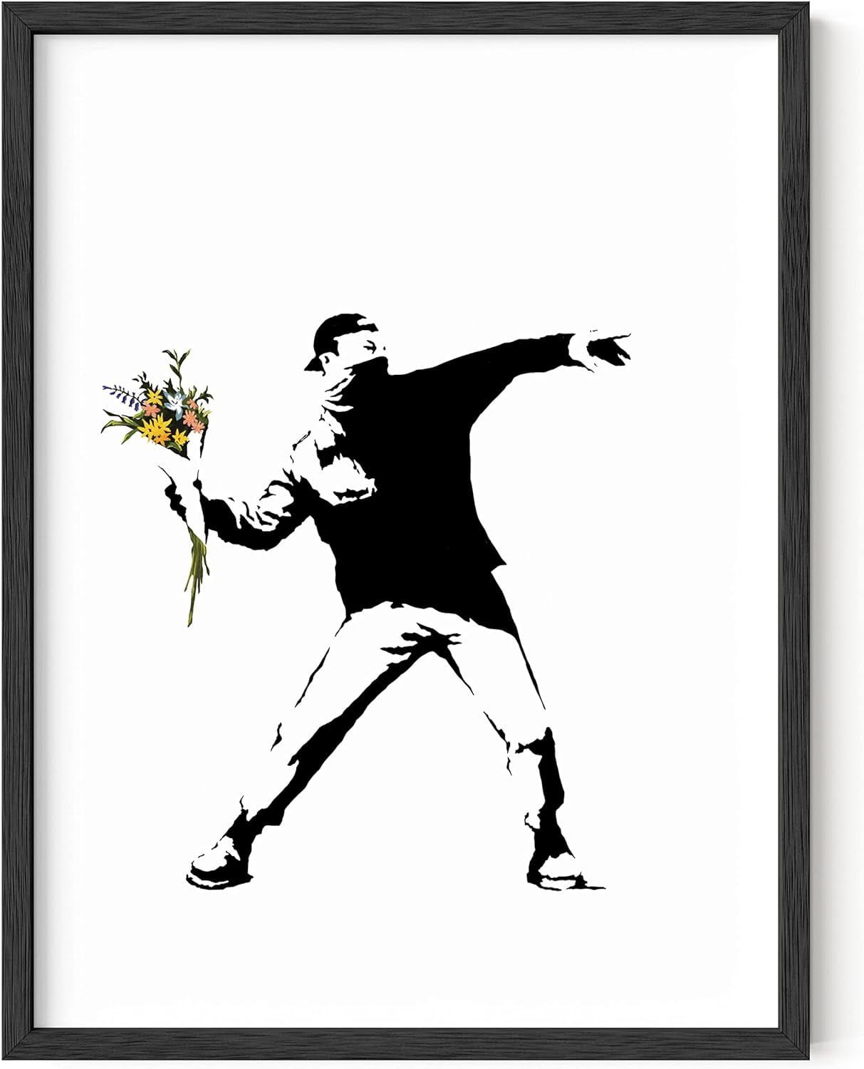 Banksy Flower Thrower Street Art Print with Solid Oak Frame