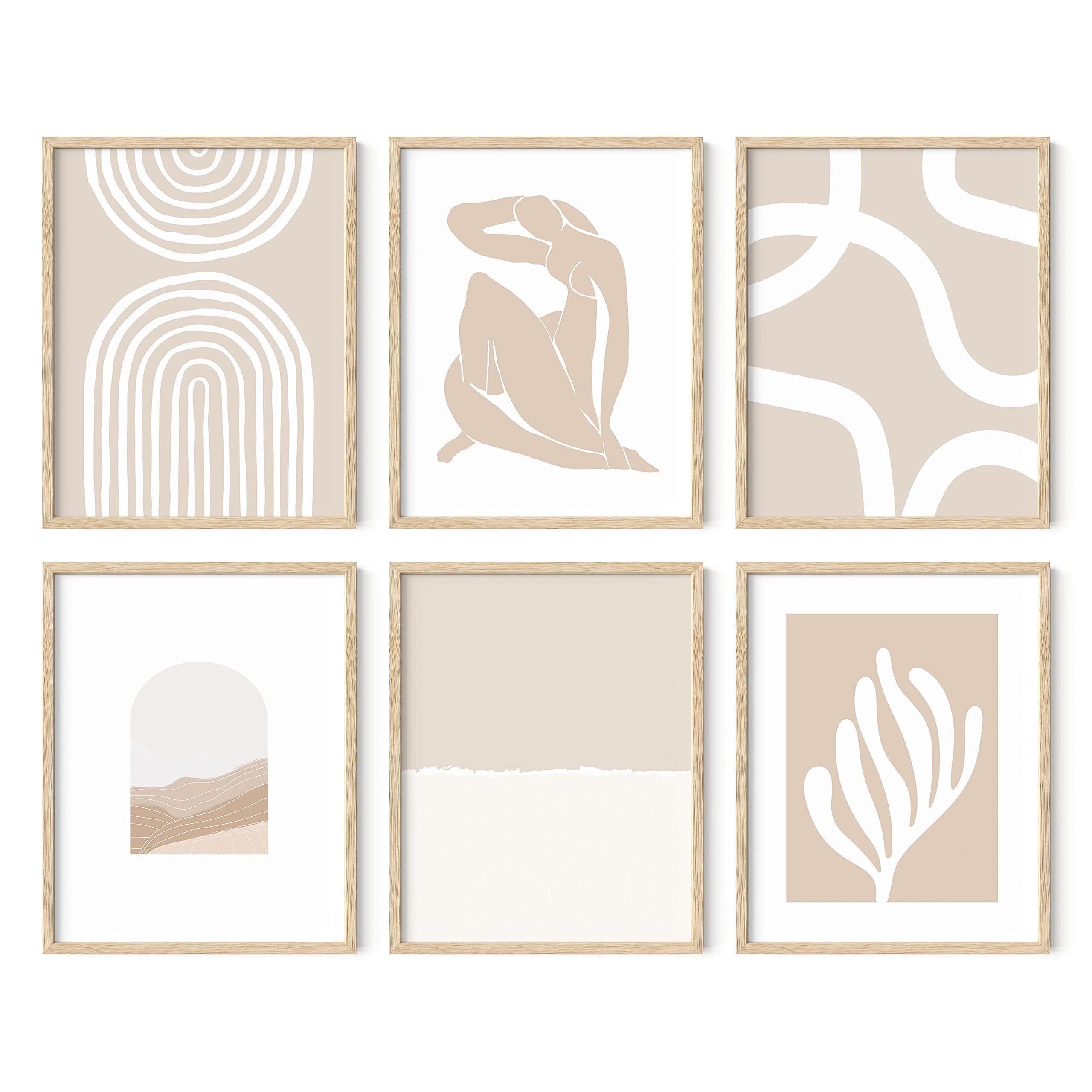 Beige Boho Abstract Art Set with Oak Frames, 11x14