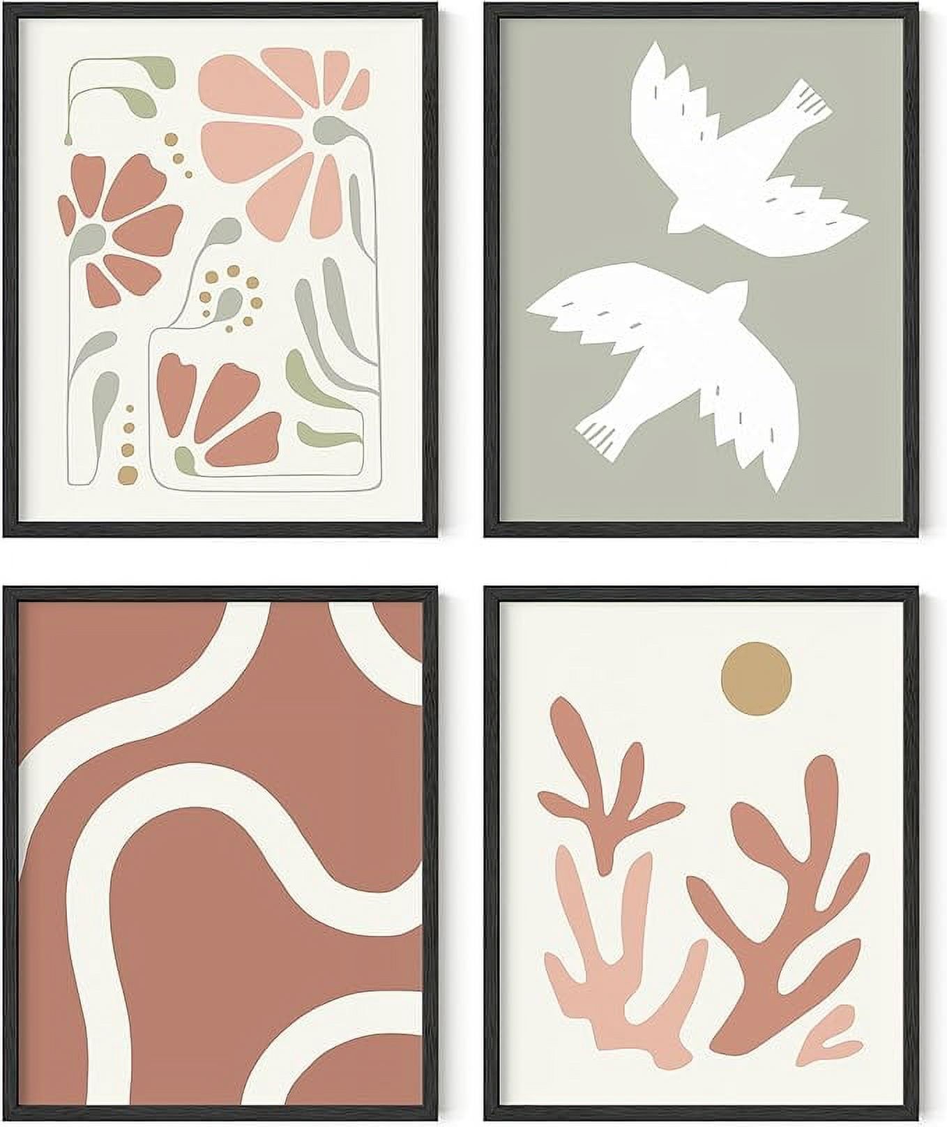 Set of 4 Coral and Green Boho Nature Wall Prints with Oak Frames