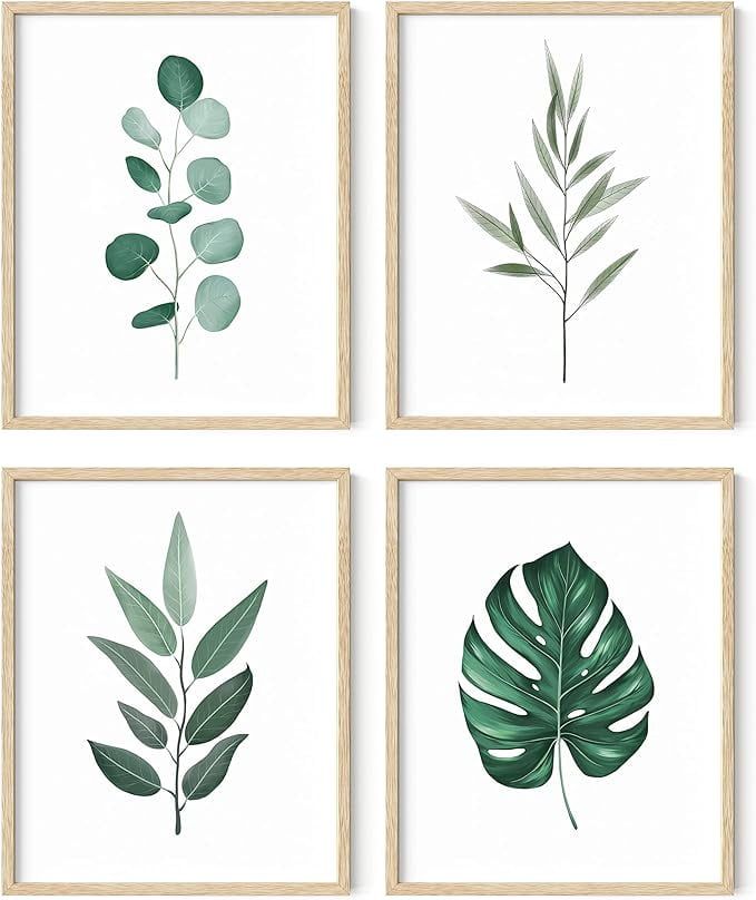 Beige Framed Botanical Green Leaf Wall Art Set