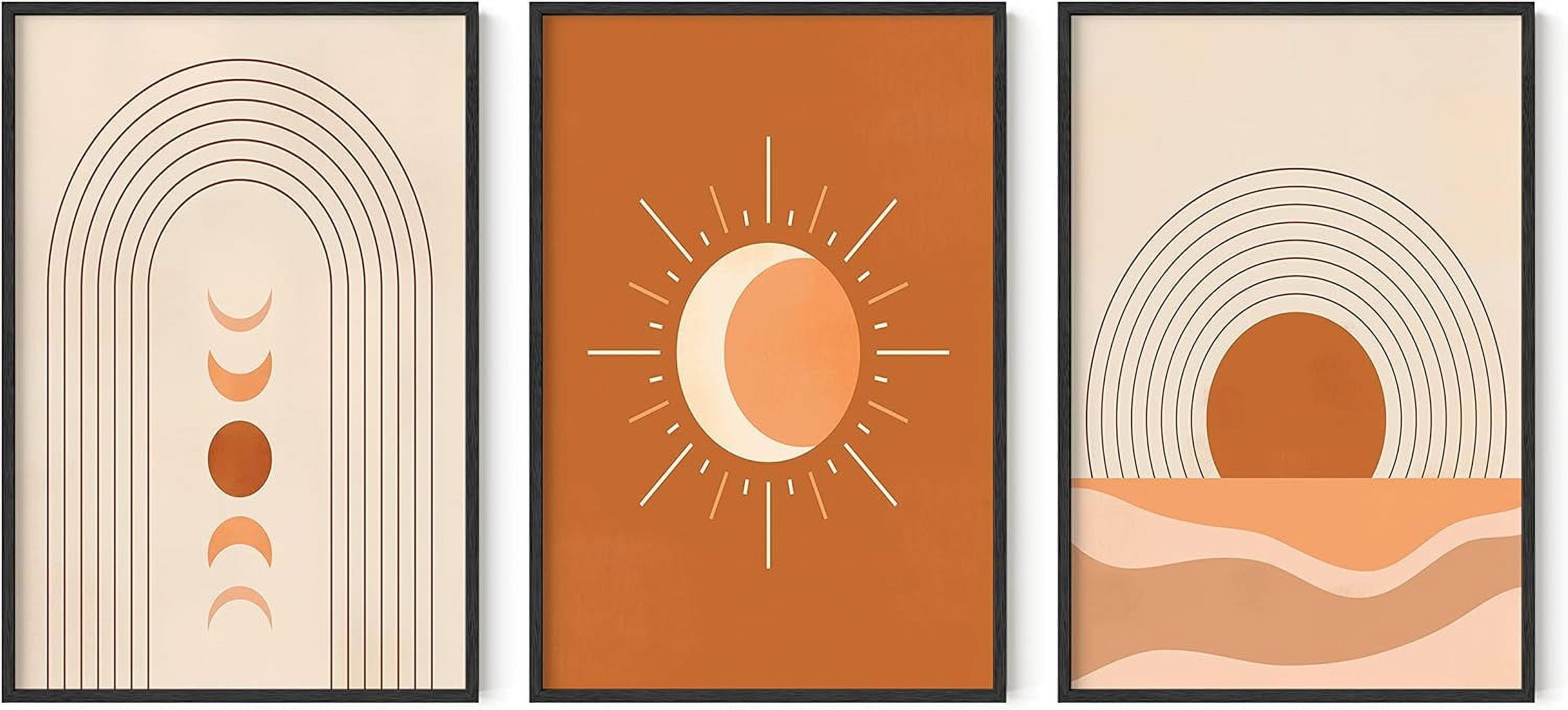 Mid Century Boho Sun and Moon Art Prints Set with Oak Frames