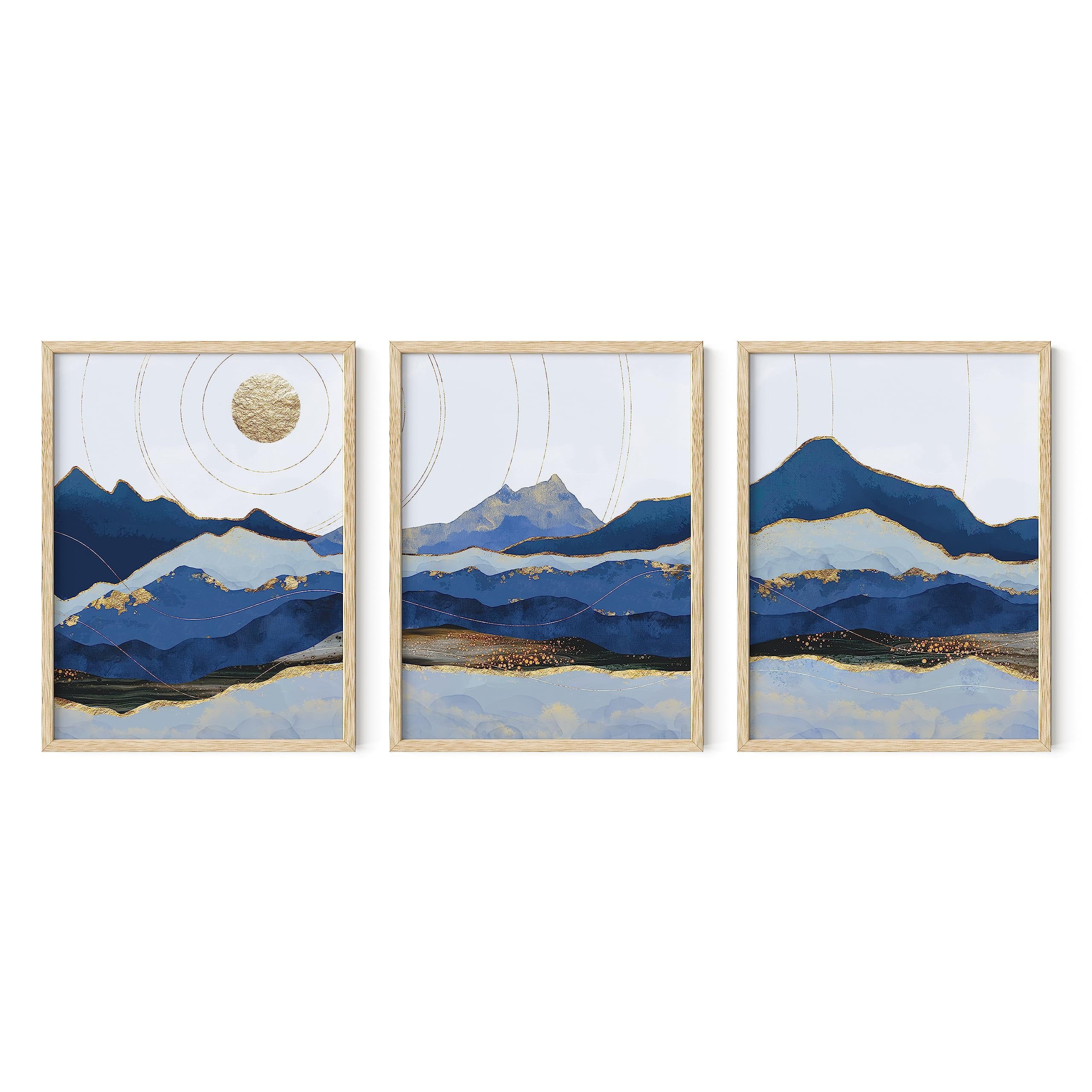 Blue Mountain Abstract Landscape Wall Art Set with Beige Frames, 12x16