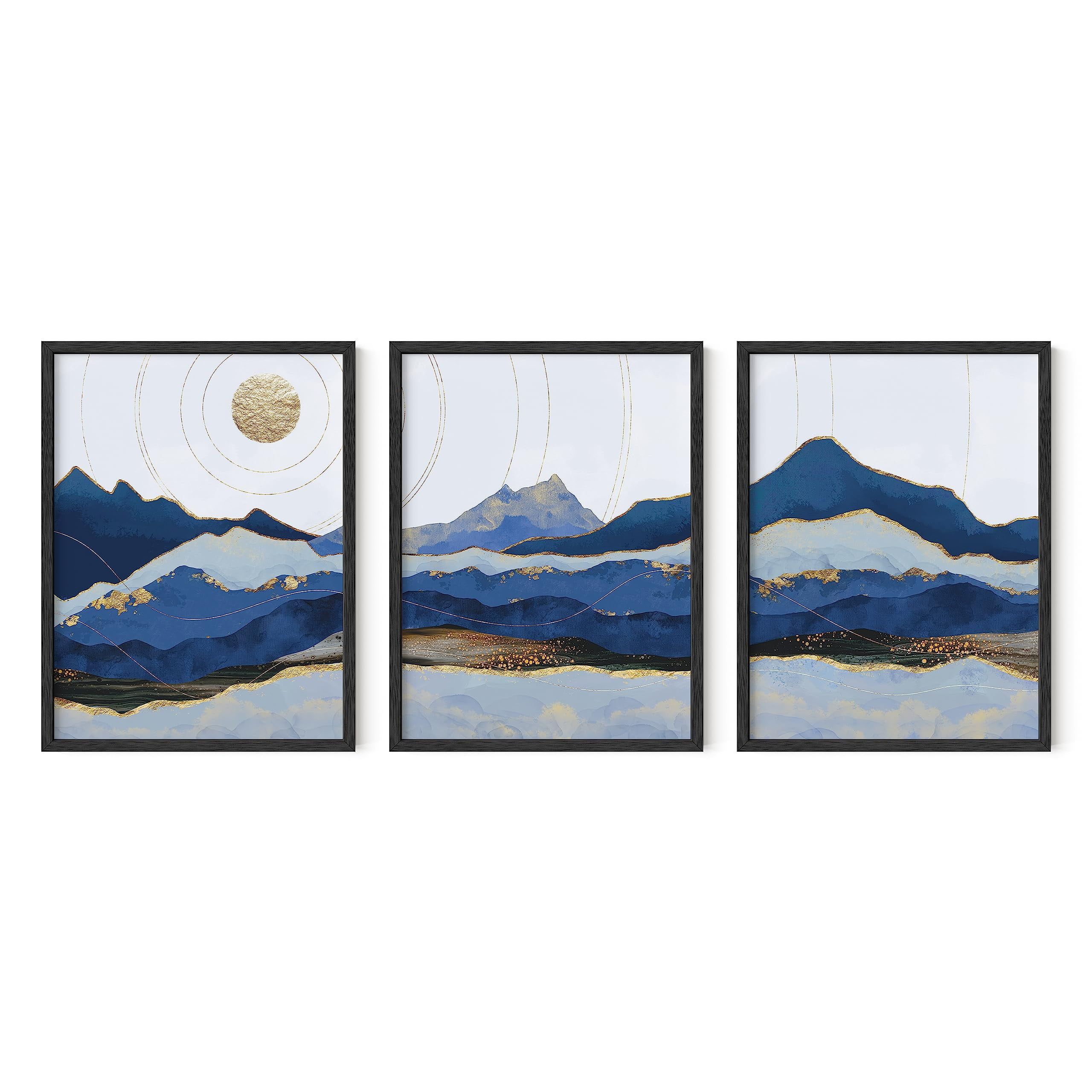 Blue Mountain Abstract Landscape Wall Art Set in Black Frames