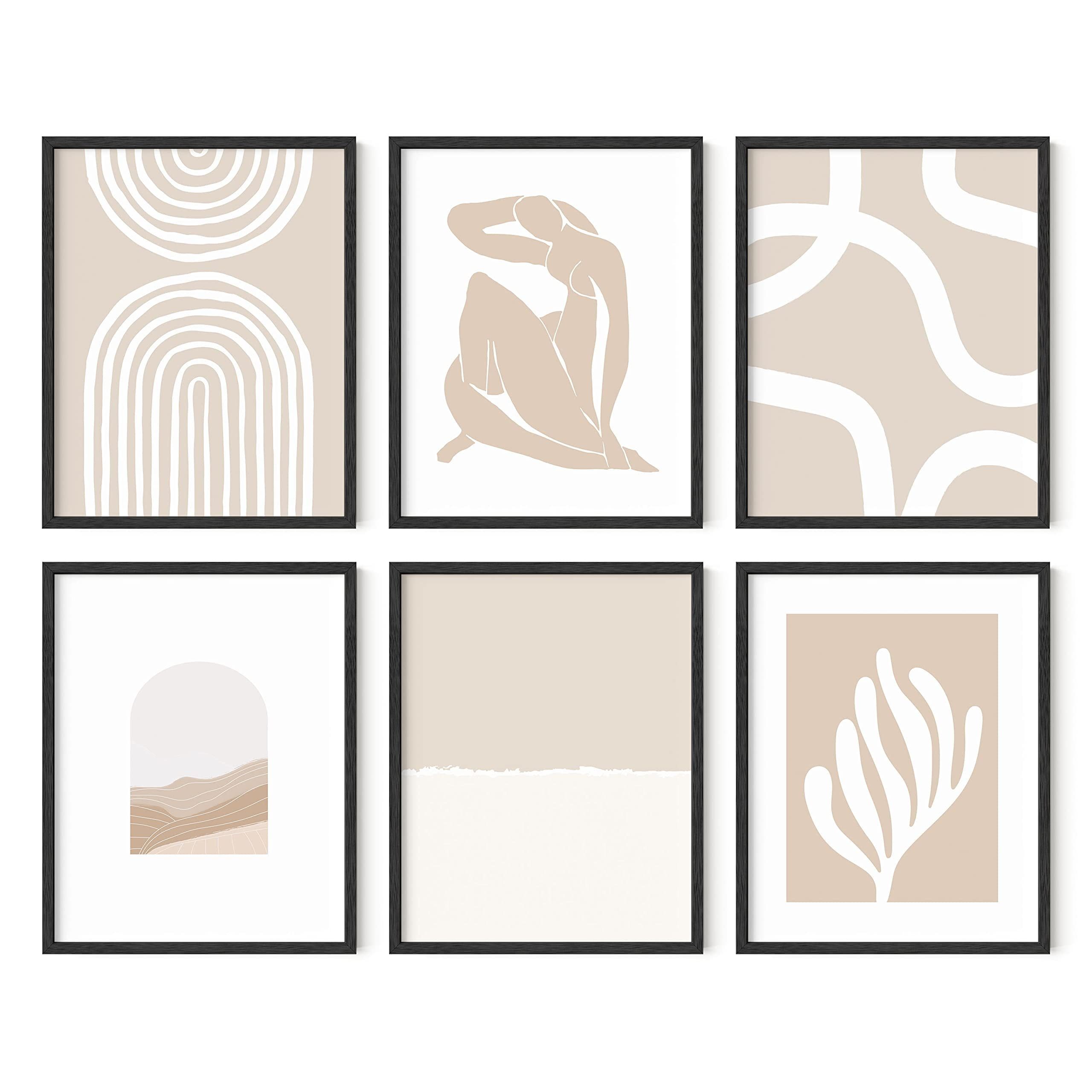 Set of 6 Beige Boho Abstract Posters with Black Oak Frames