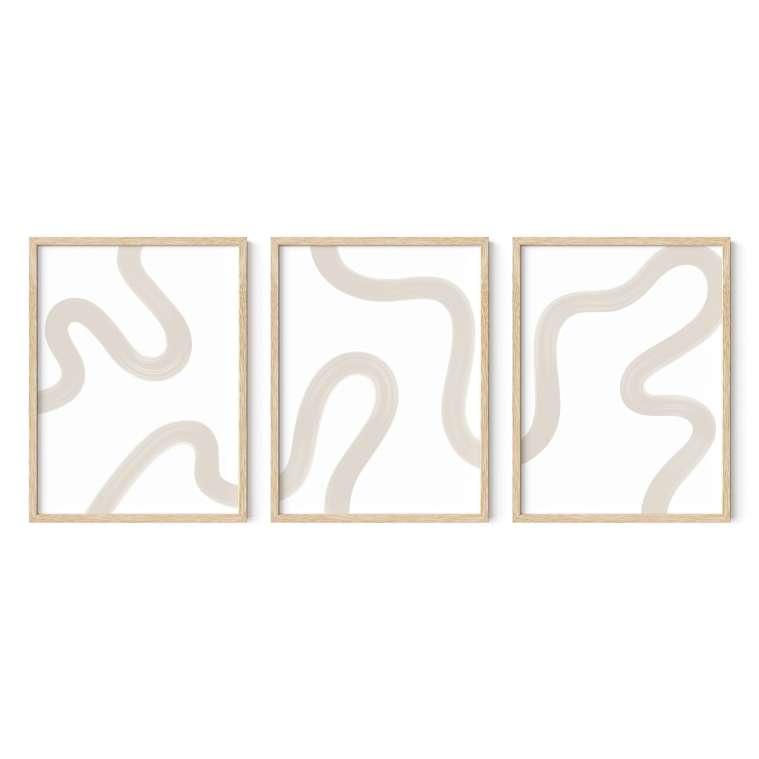 Beige Abstract Squiggles 12x16 Oak Framed Wall Art Set