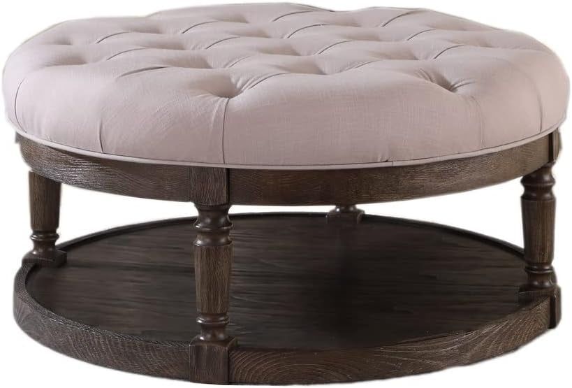 Rustic Gray Beige Linen Tufted Round Cocktail Ottoman