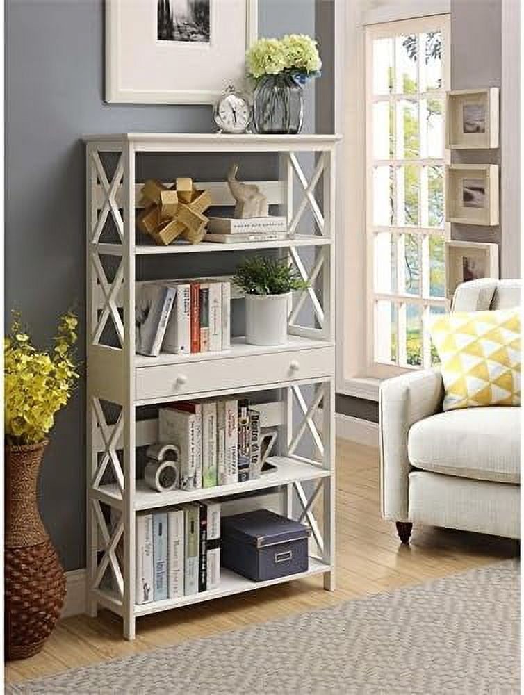 Oxford Elegance White Engineered Wood 5-Tier Bookcase with Drawer