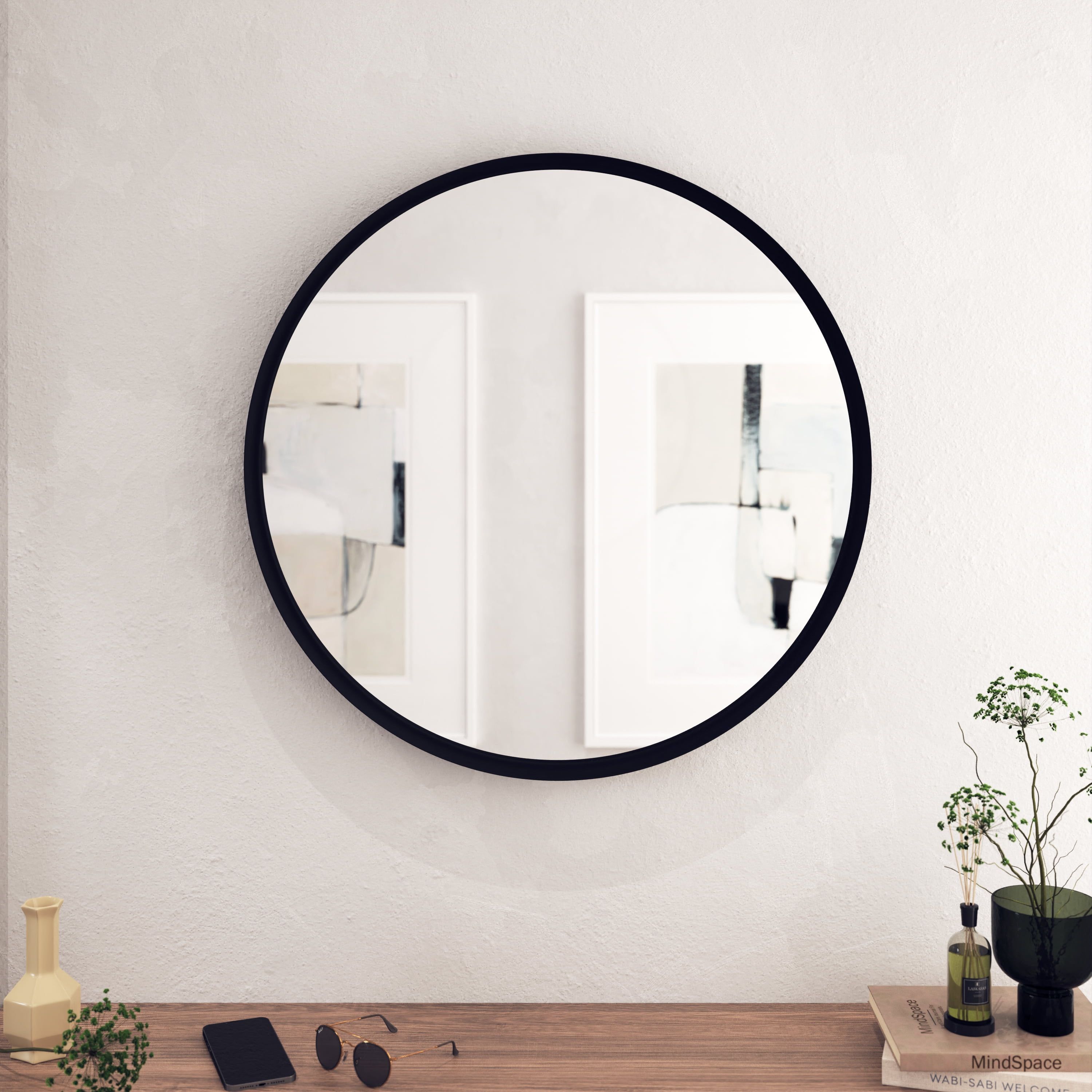 Modern Black Metal Round Wall Mirror for Bathroom, 30 Inch