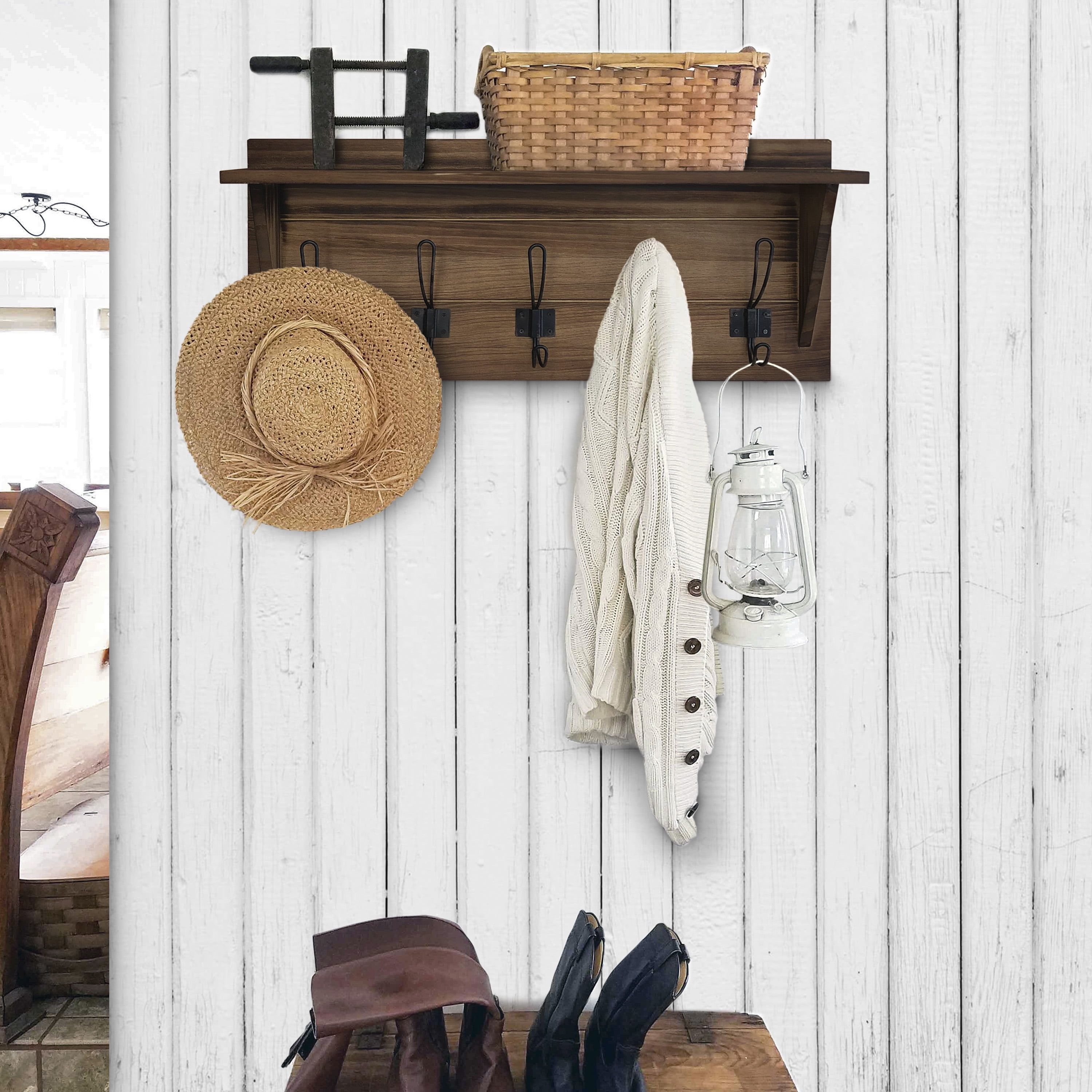 Rustic Brown Solid Pine Wall Mounted Coat Rack with Shelf