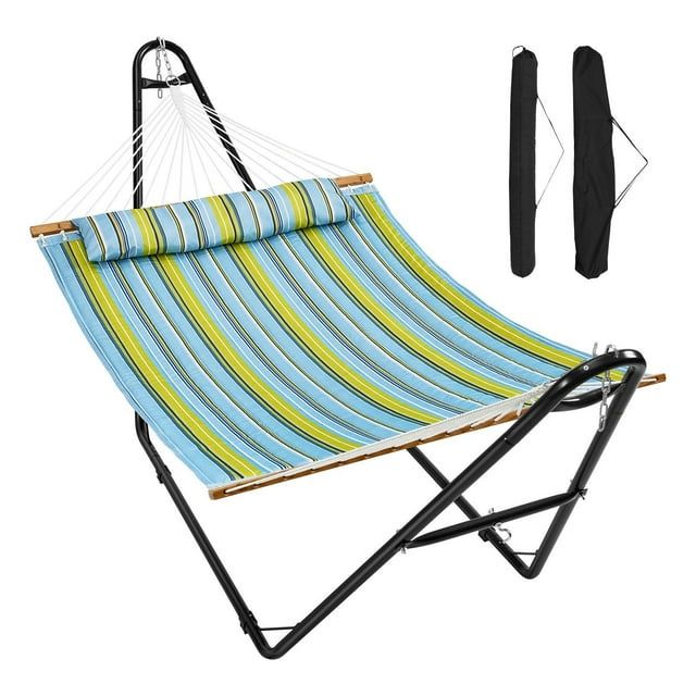 Double Quilted Blue and Green Fabric Hammock with Steel Stand