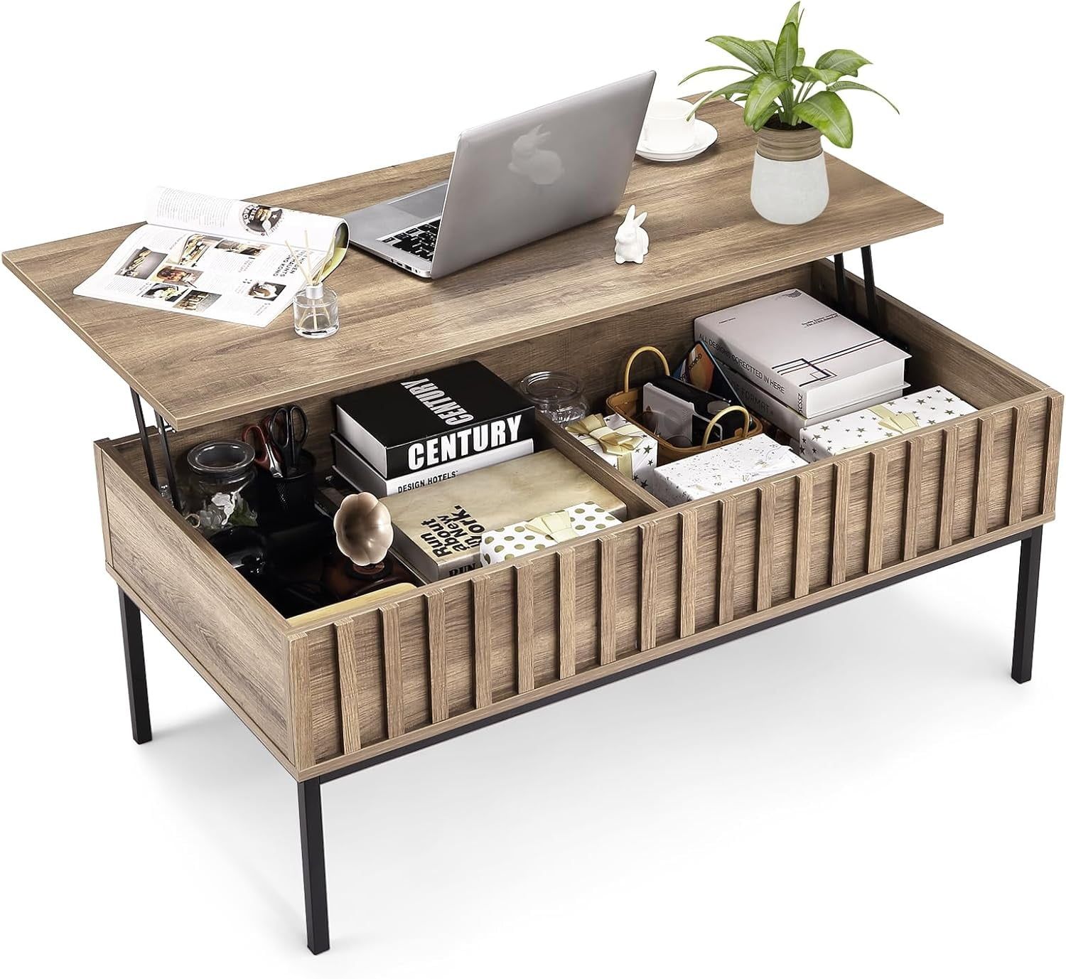 Brown Wood Lift-Top Coffee Table with Hidden Storage