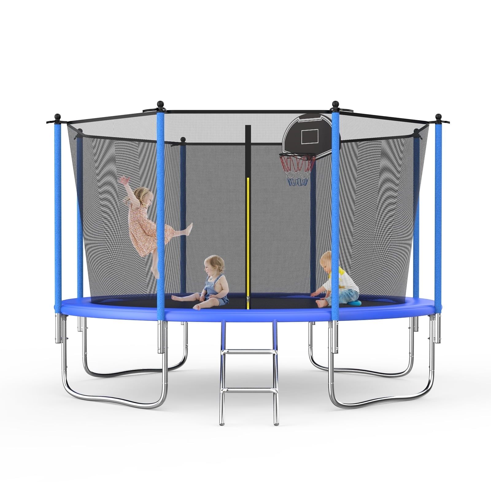 Blue 10FT Round Trampoline with Enclosure and Basketball Hoop