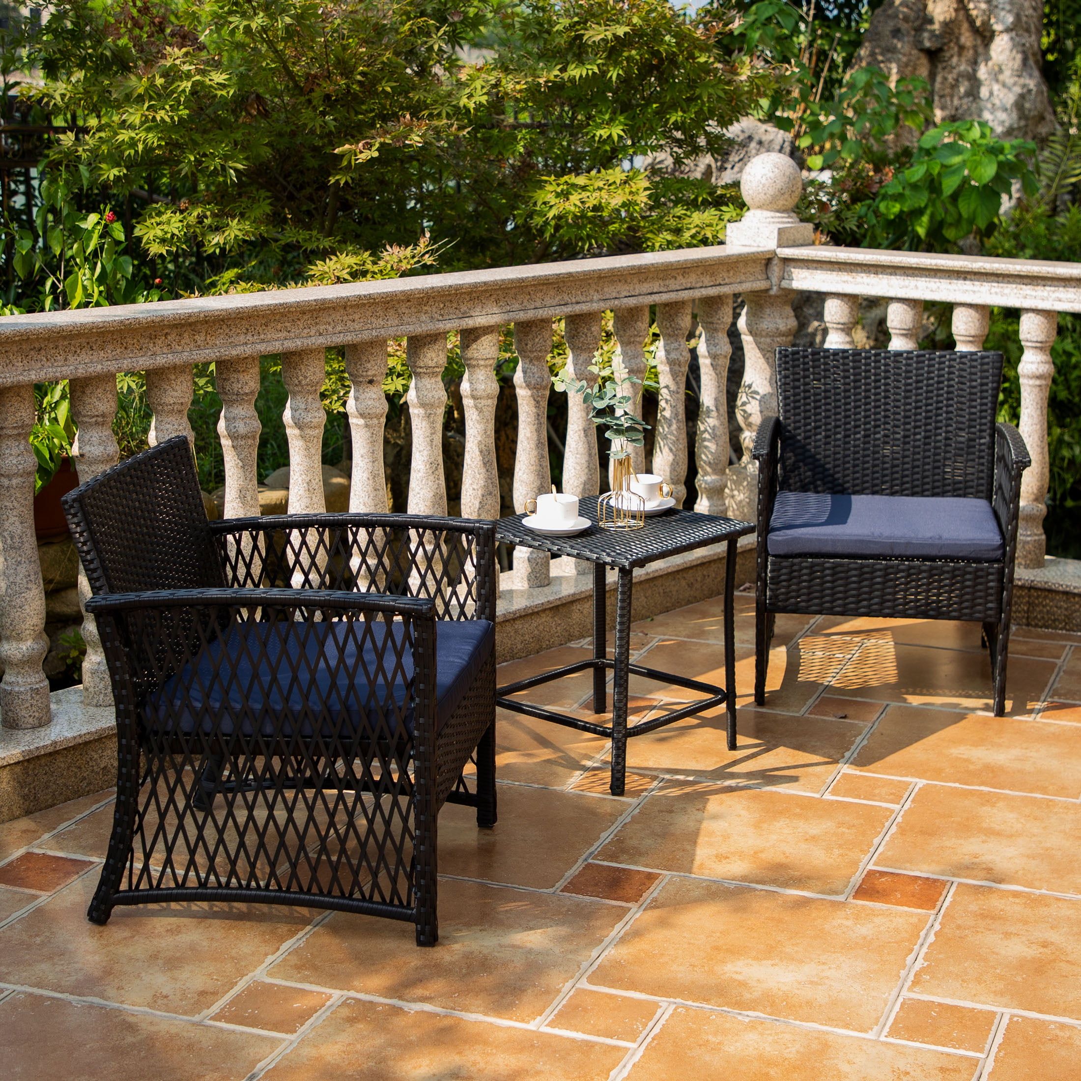 Black Woven Rattan 3-Piece Outdoor Seating Set with Navy Cushions