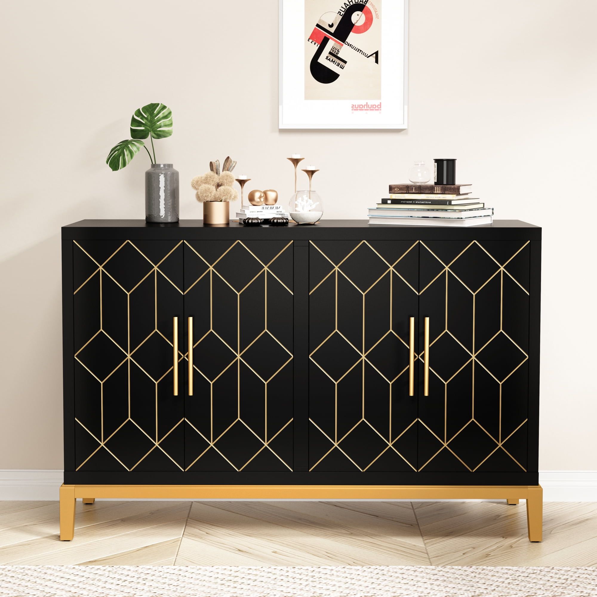 Black and Gold 48-Inch Modern Wooden Sideboard with 4 Doors