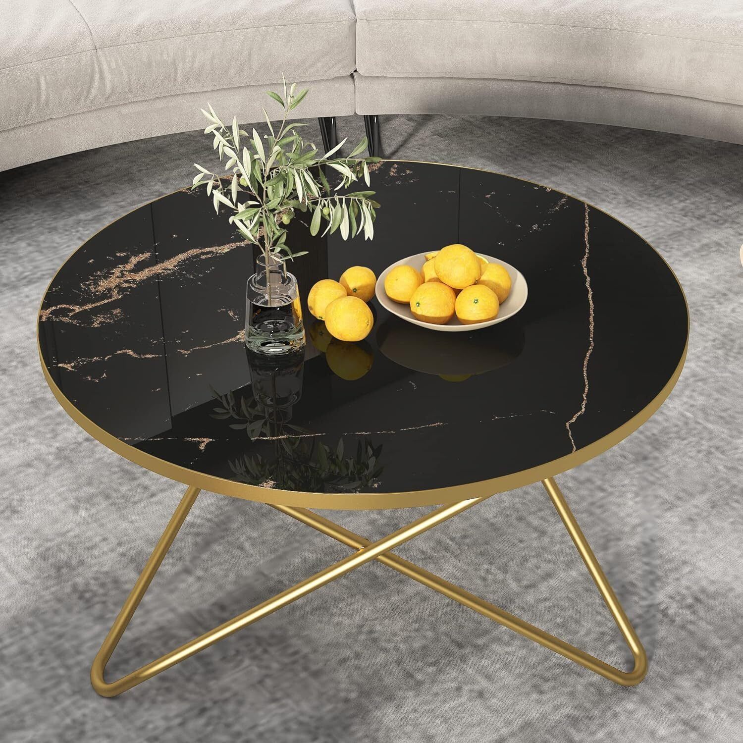 Black Faux Marble Round Coffee Table with Gold Base