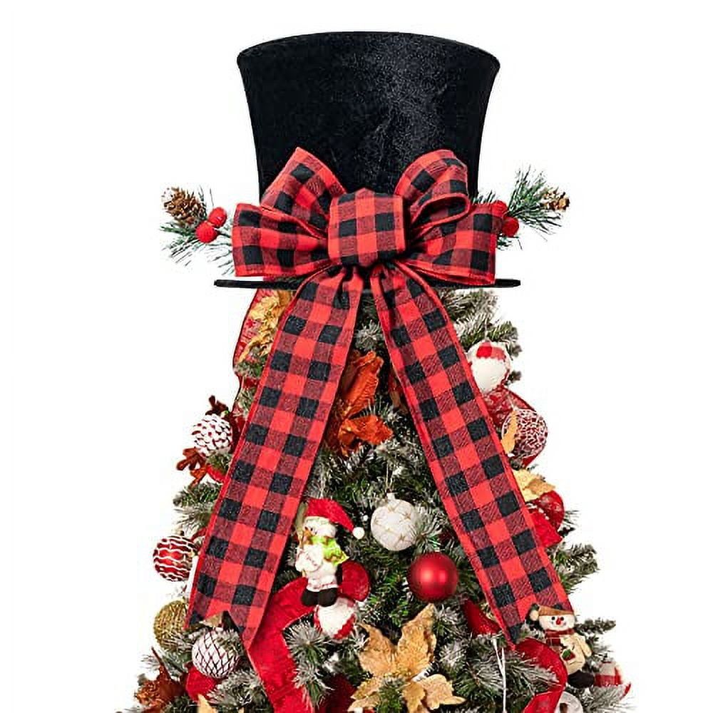 Large Black Velvet Christmas Tree Topper Hat with Red Plaid Bow