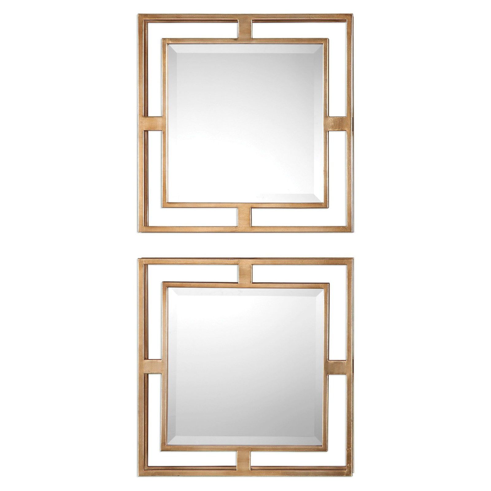 Antiqued Gold Leaf Square Wall Mirrors with Beveled Edges, Set of 2