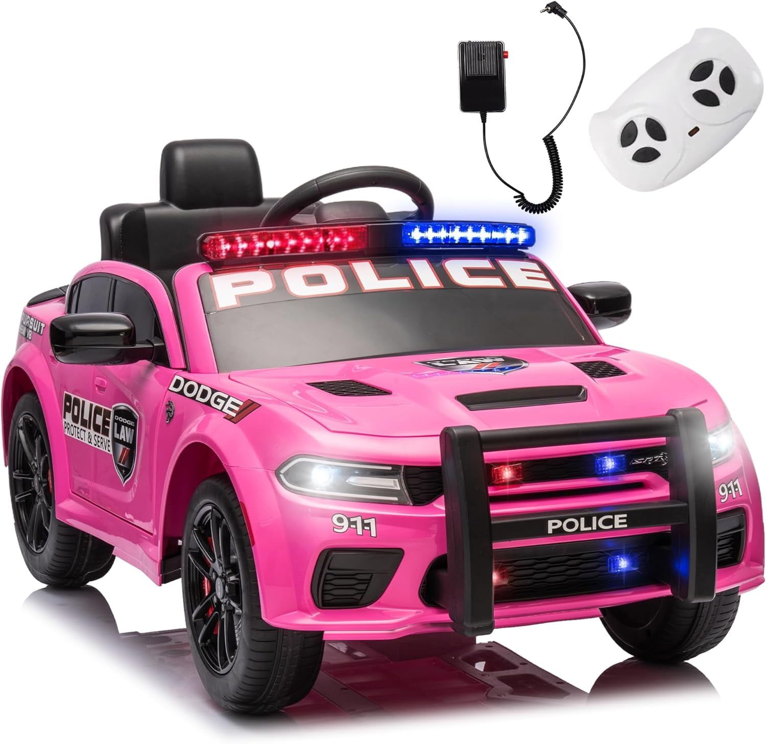 Pink 12V Dodge Kids Ride-On Police Car with Remote Control