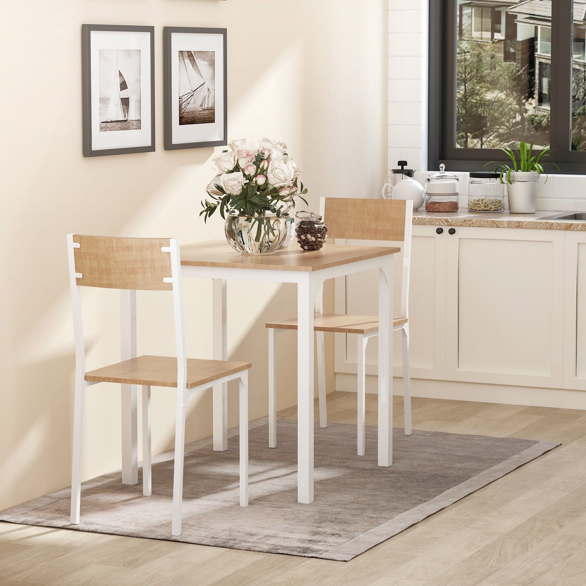 White and Light Wood 3-Piece Dining Table Set with Steel Frame