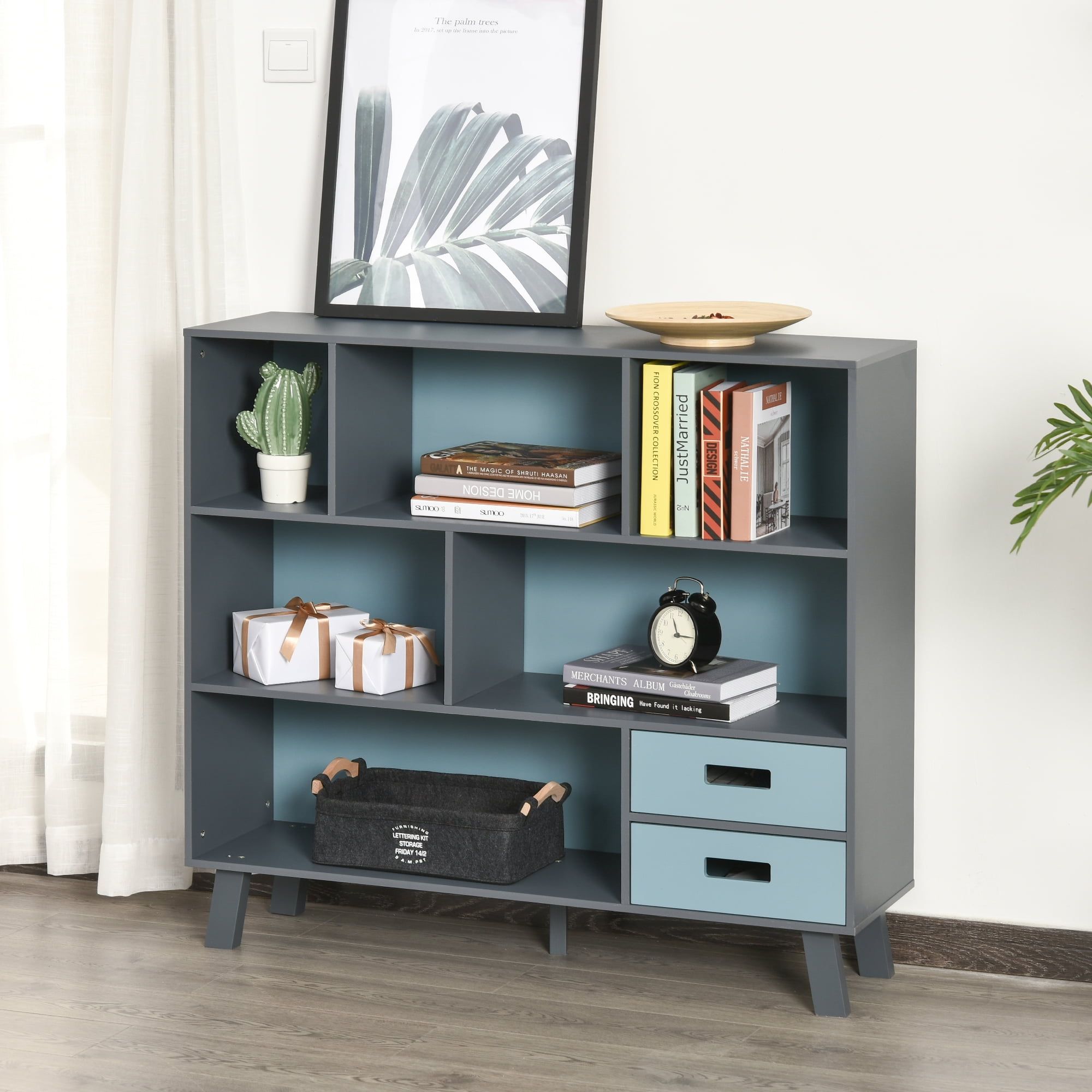 Gray and Blue Wooden 3-Tier Kids Cube Storage Bookcase