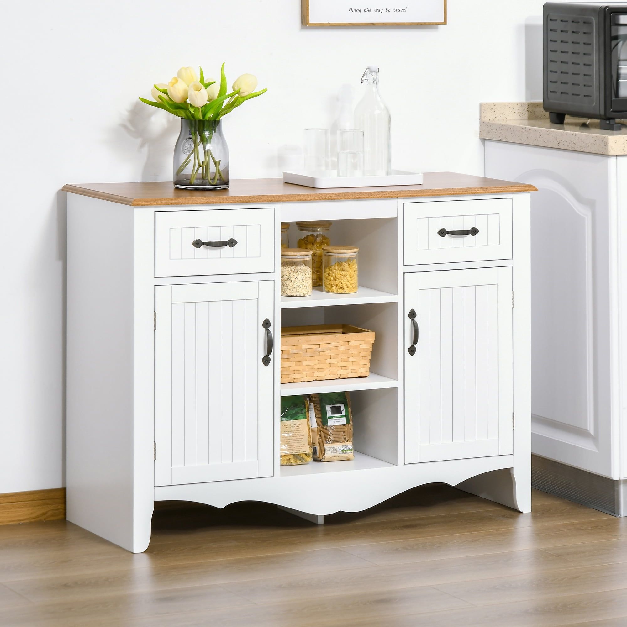 White and Natural 42" Engineered Wood Sideboard Buffet Cabinet