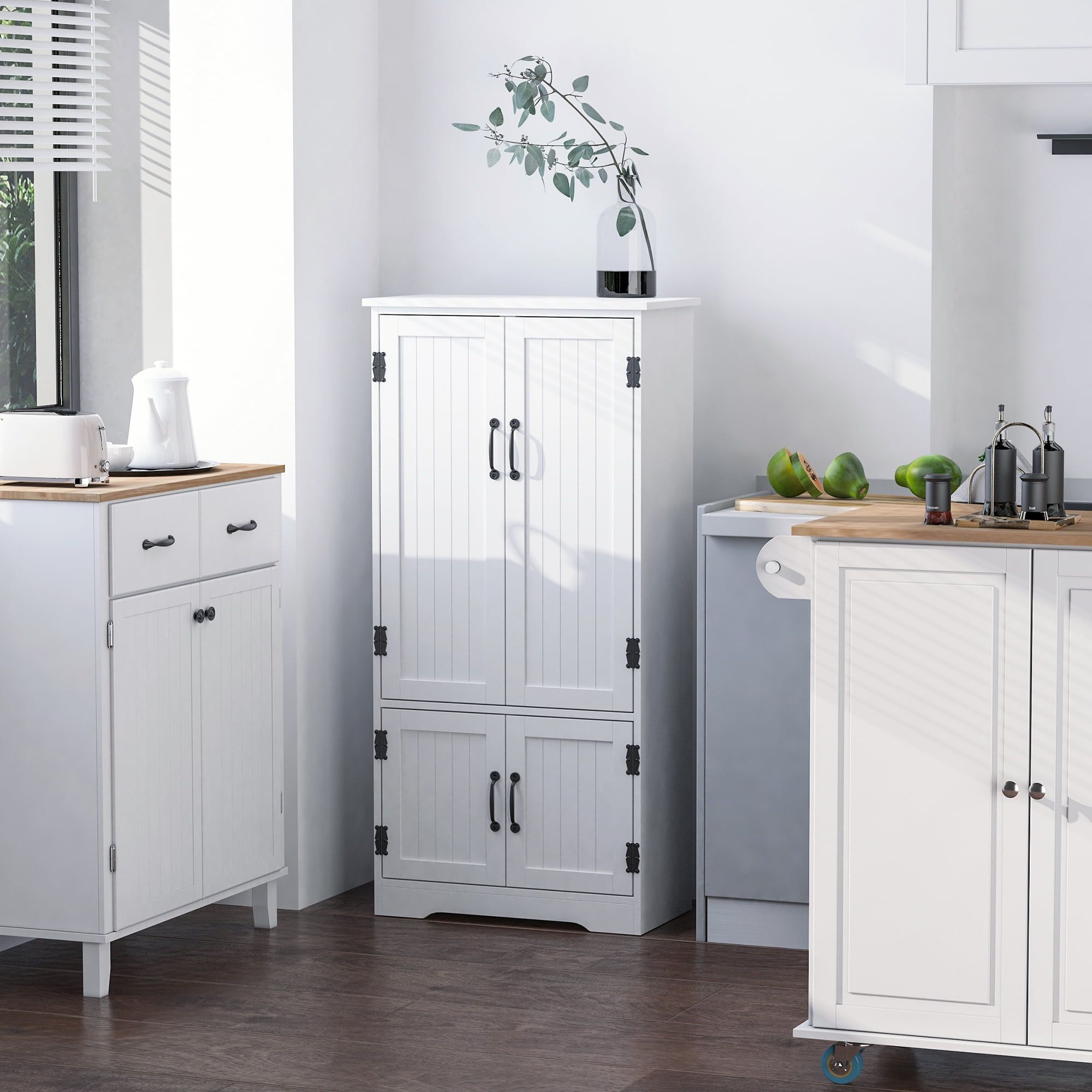 White Farmhouse Kitchen Pantry Cabinet with Adjustable Shelves