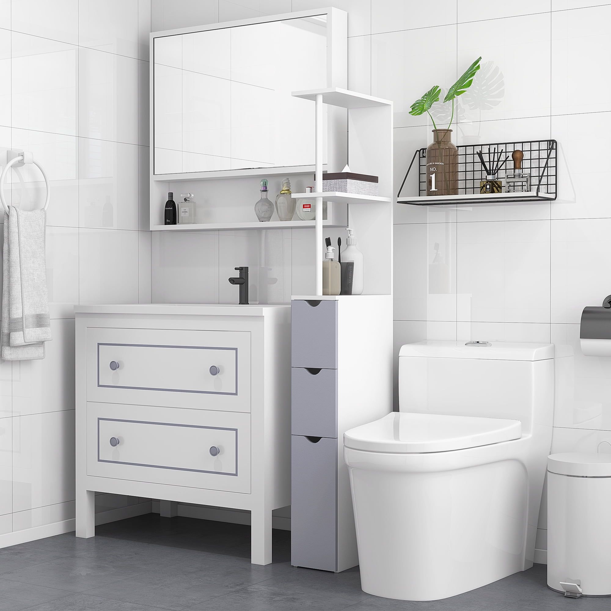 Tall White MDF Bathroom Storage Cabinet with Shelves and Drawers