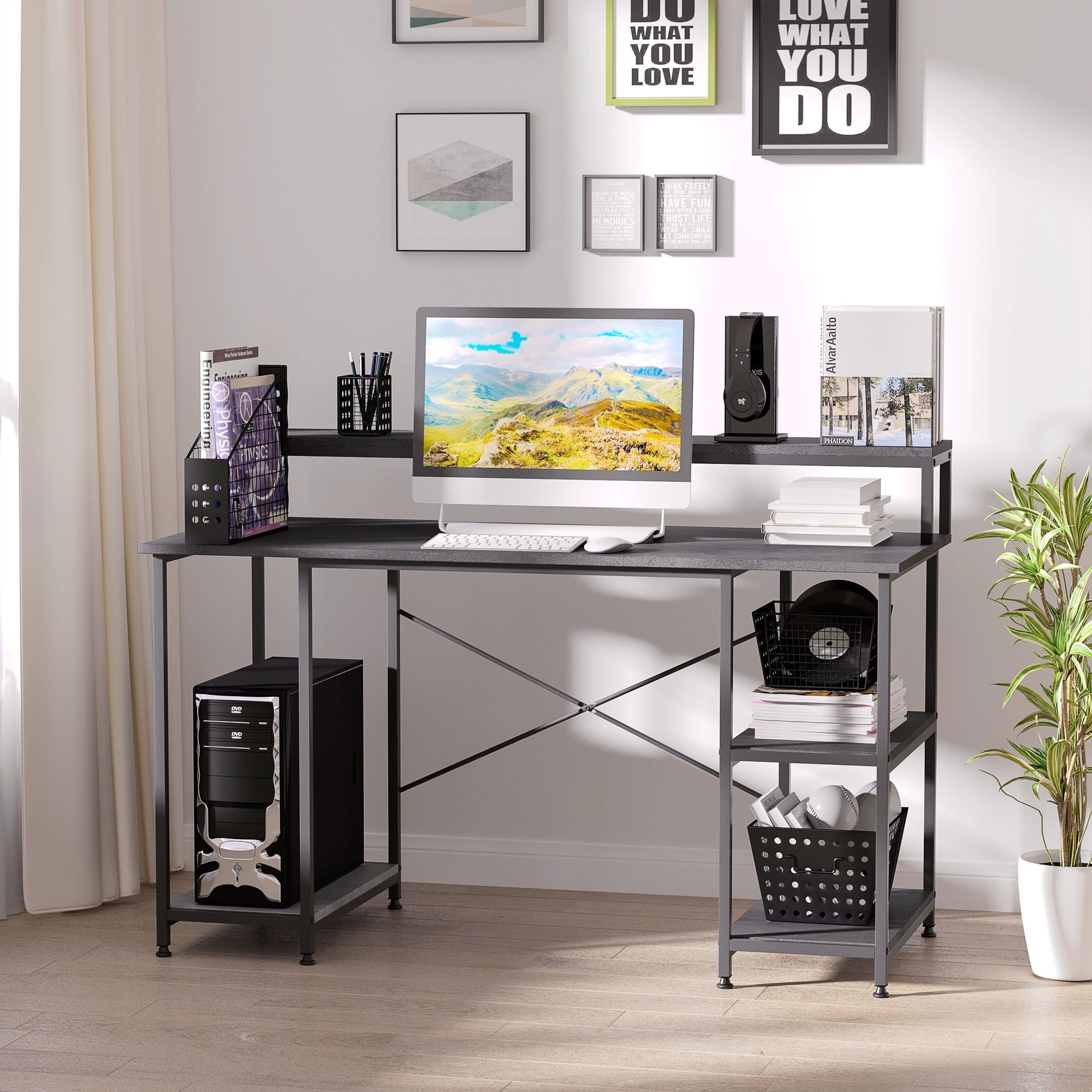 Contemporary 55" Grey Wood Grain Gaming Desk with Shelves