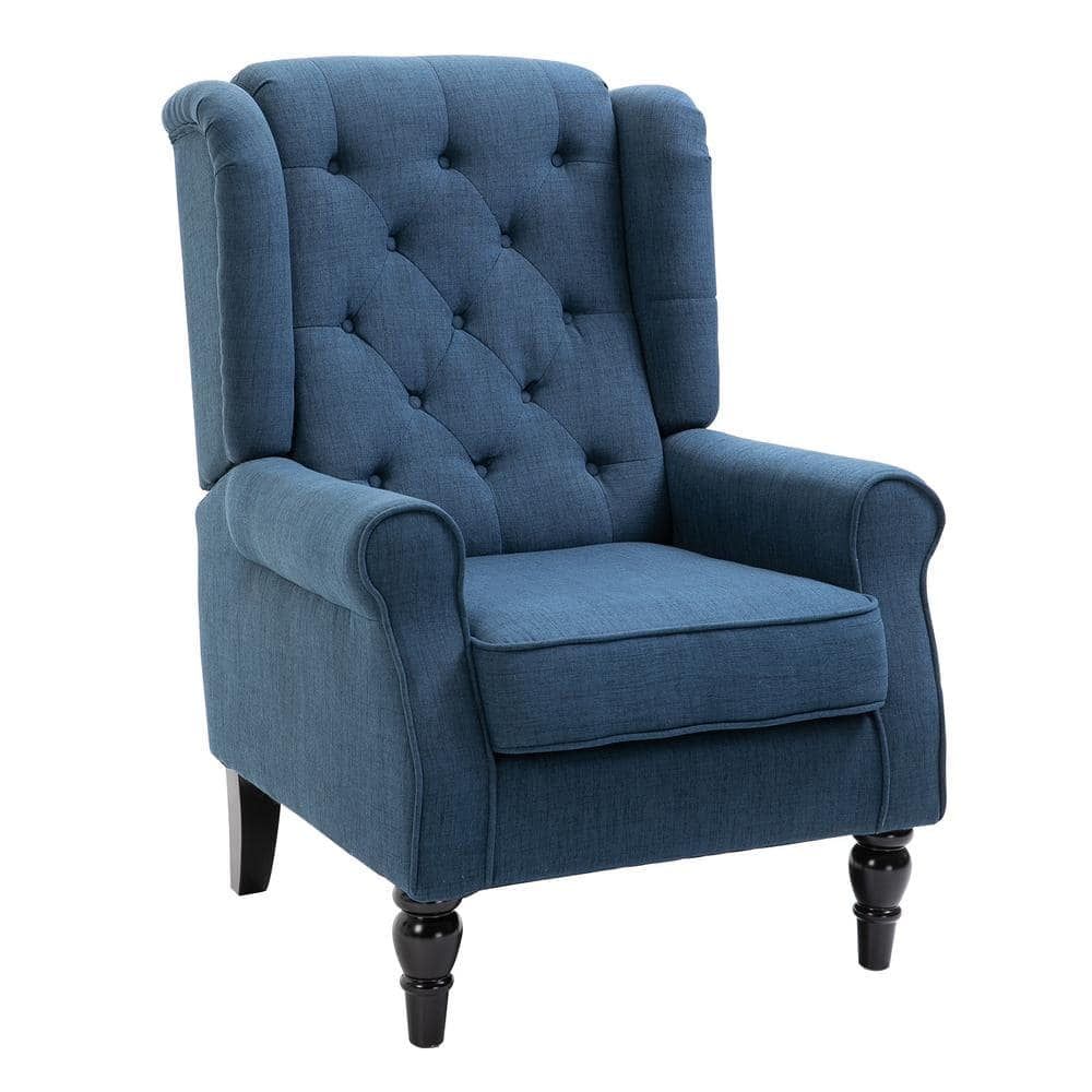 Blue Button-Tufted High Wingback Accent Chair with Wood Legs