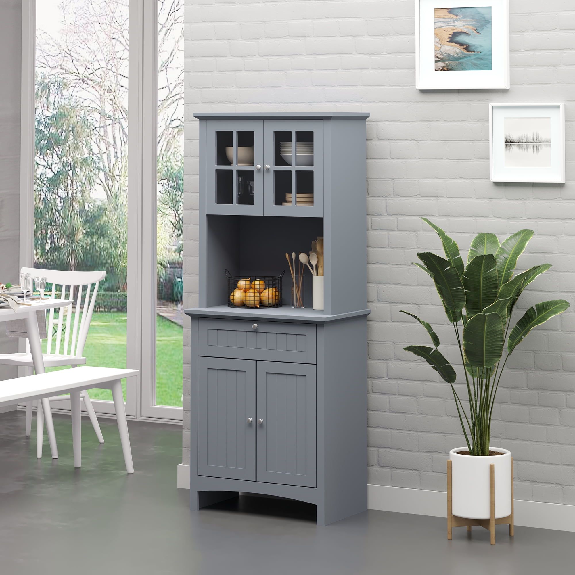 Gray Driftwood Kitchen Pantry Storage Cabinet with Glass Doors