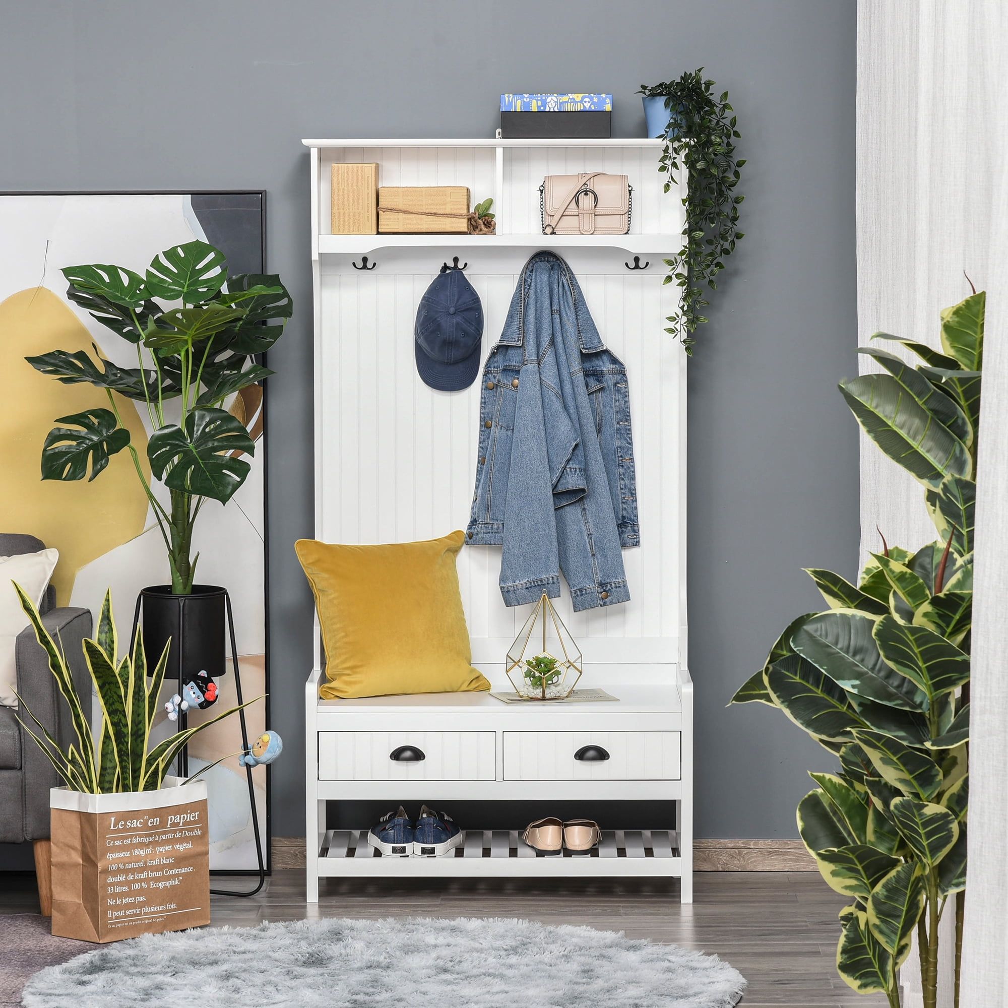 White Hall Tree with Storage Drawers and Hooks